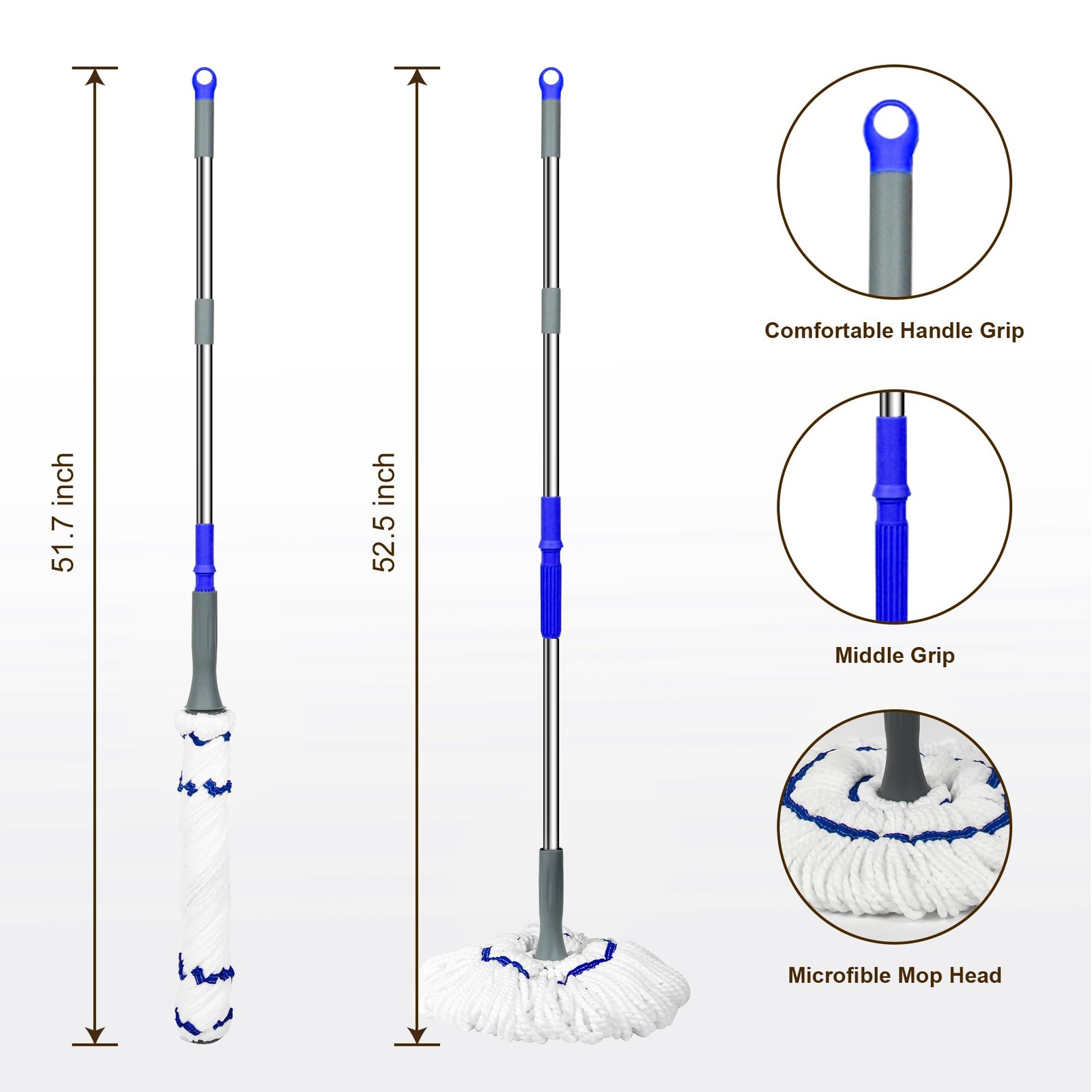 Hardwood Floor Mop, Self Wringing, 52.5 Inch Long Handle, Vinyl Tile, White