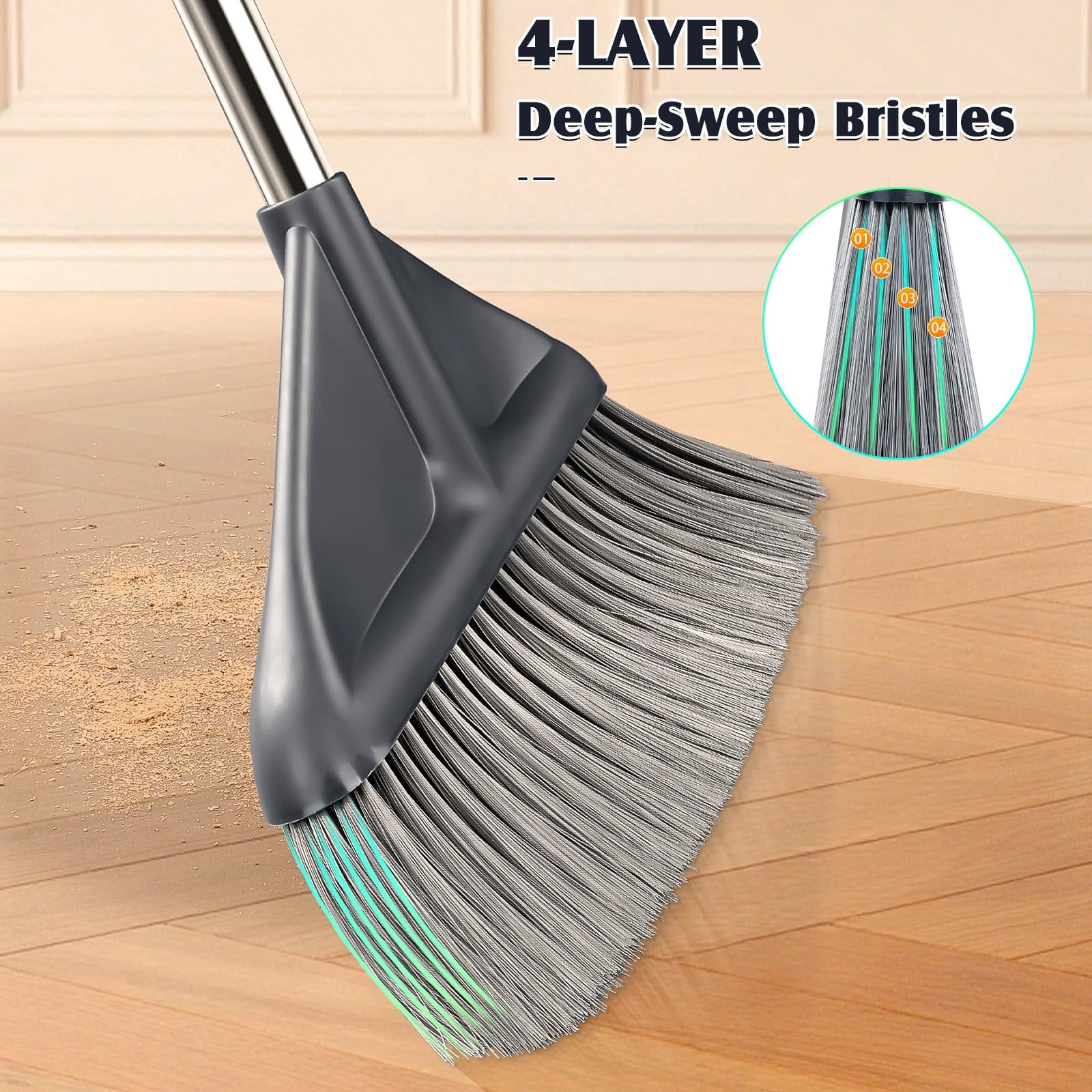 Broom and Dustpan Set for Home with 52 Inch Long Angled Handle – Stand White