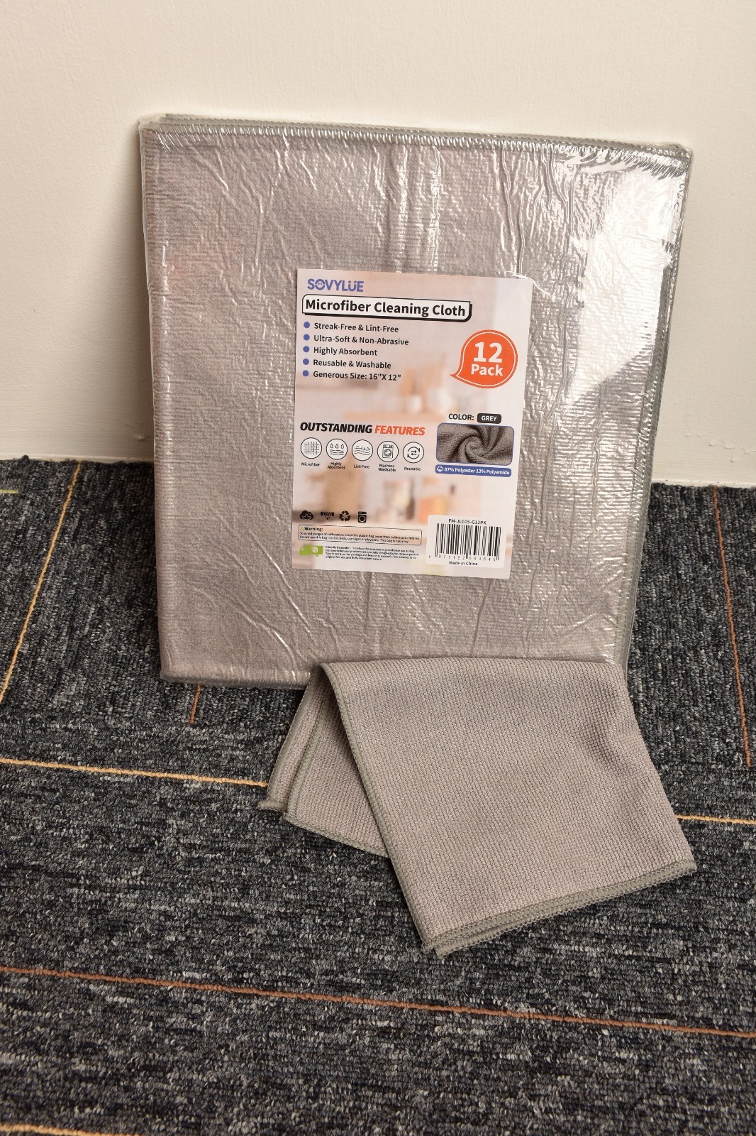 SOVYLUE Microfiber Cleaning Cloth, 12PK Cleaning Towels 16X12inch,Grey
