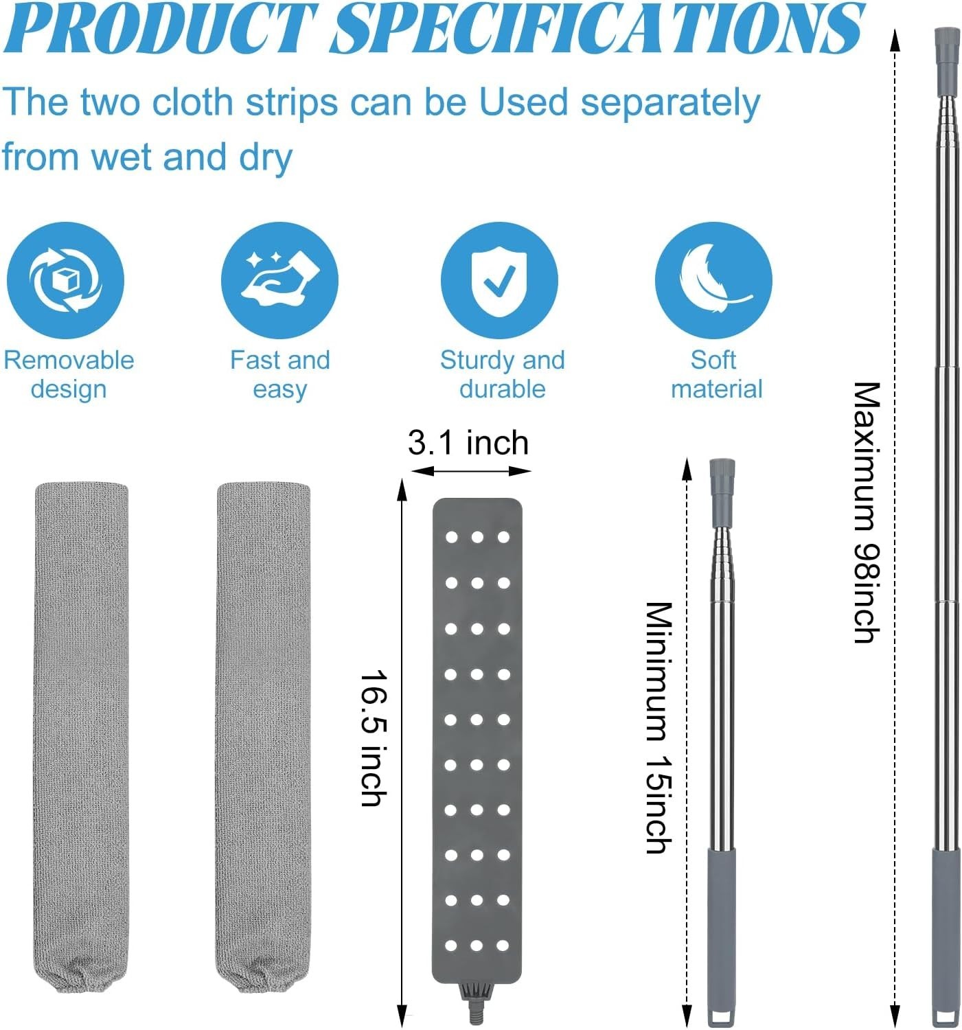 Retractable Gap Dust Cleaner with 15-98 Inch Extension Pole, Flat Duster for …