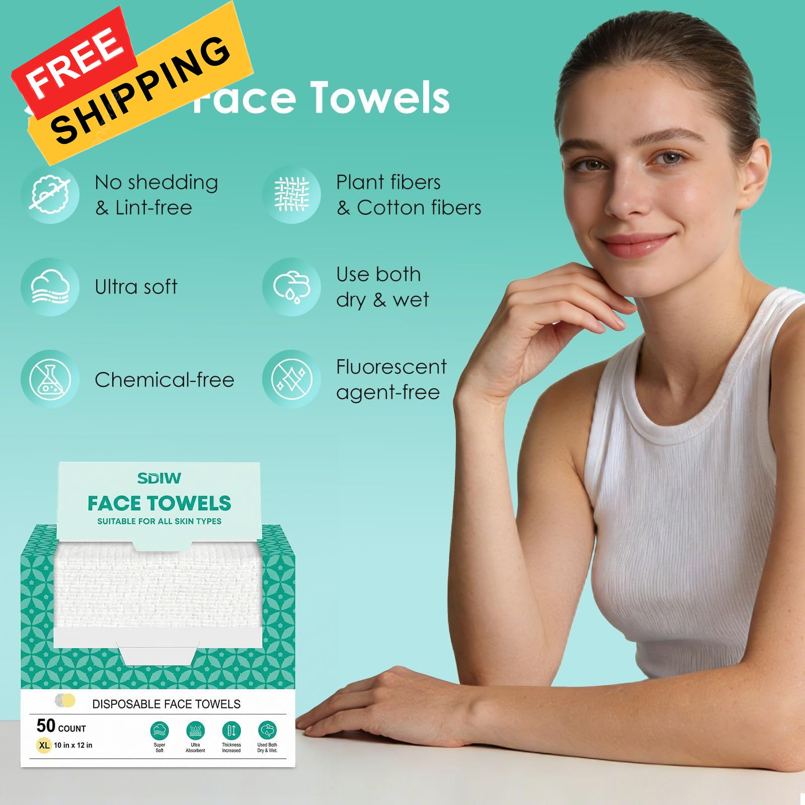 SDIW Face Towels 10″×12″, XL Disposable Facial 50 Count (Pack of 1), White