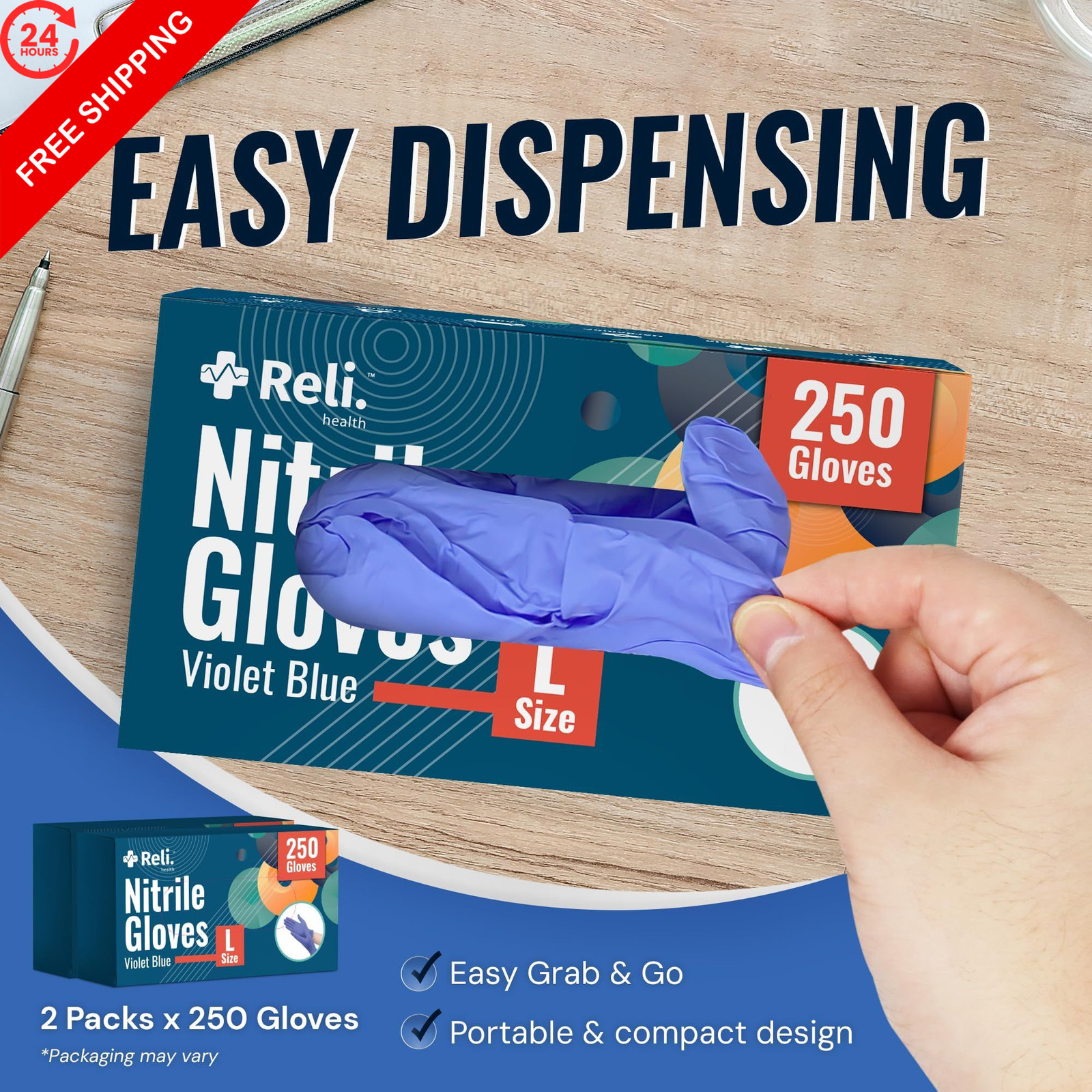 Reli. Nitrile Gloves Large 500 Pack | Powder & Latex Free Large, Blue