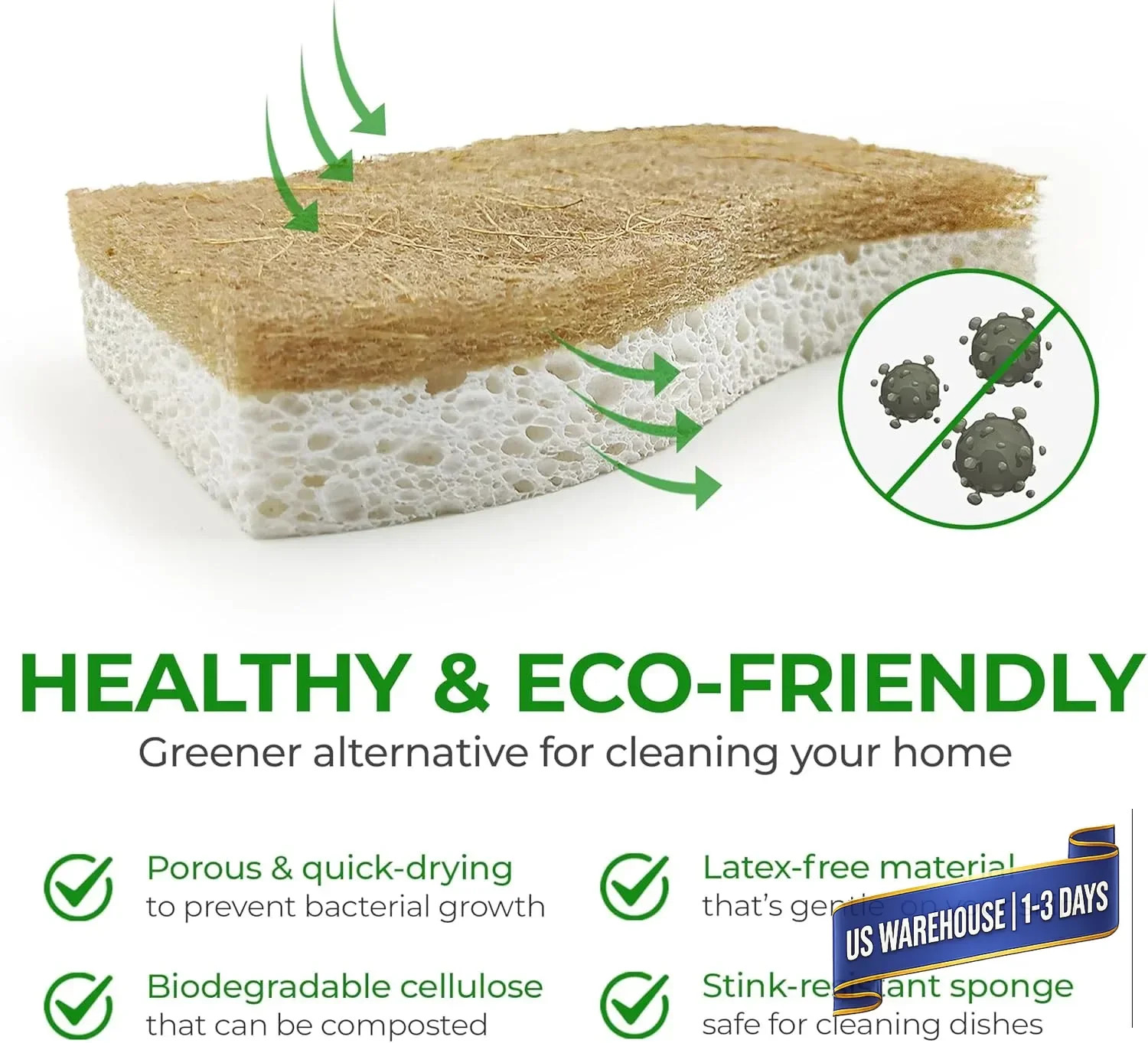 AIRNEX Natural Kitchen Sponges (12 Pack) – Biodegradable Cellulose & Coconut Scr