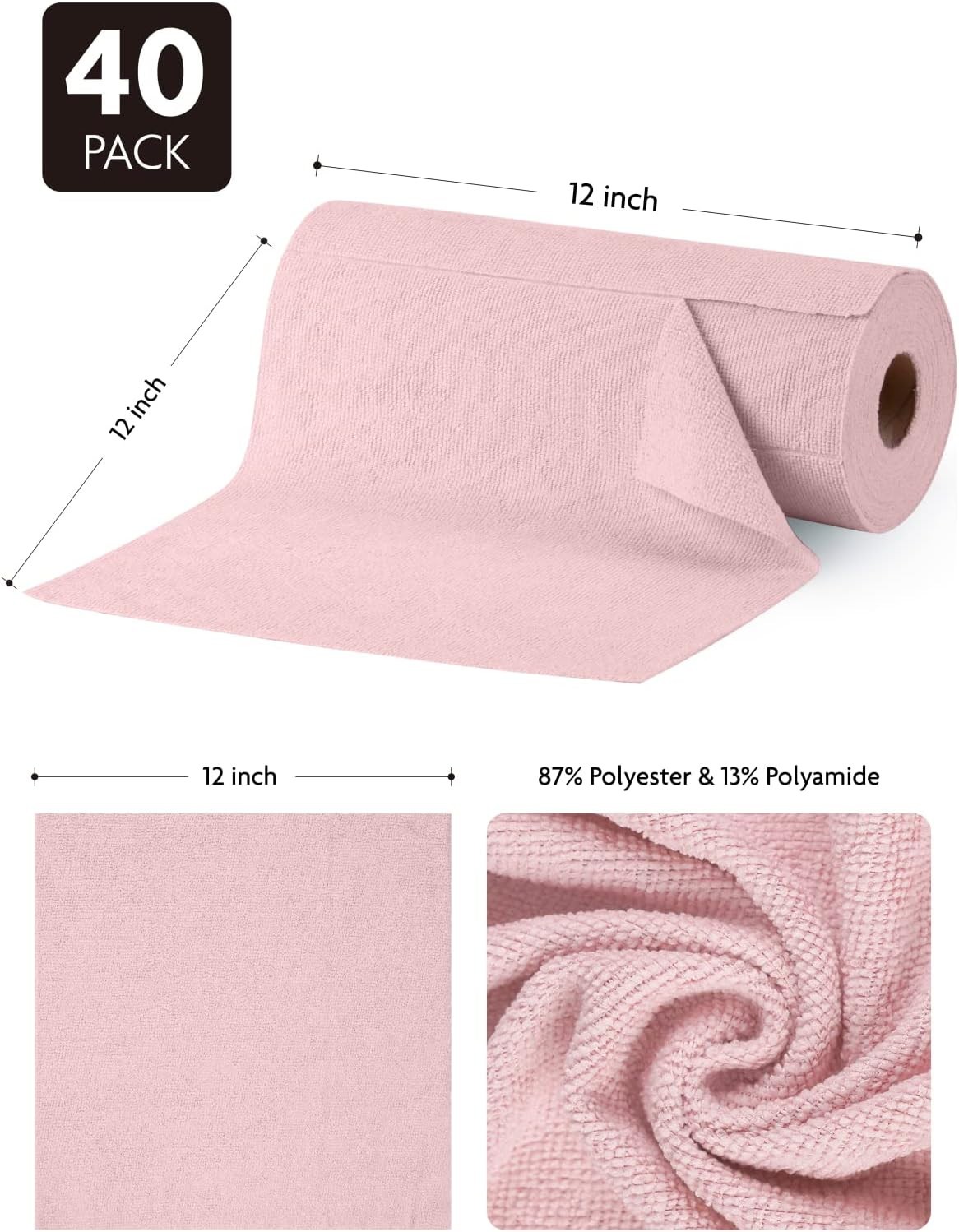 40 Pack 12″ ×12″ Tear Away Microfiber Towels Reusable Washable Ultra Absorbent