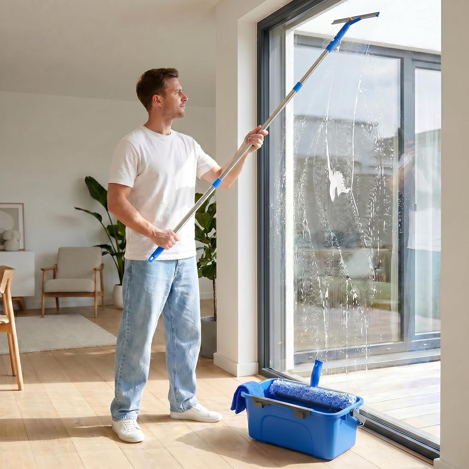 Window Cleaning Kit Bucket 3 Gallon 14in Squeegee 15 Inch Scrubber 76 Inch Poles