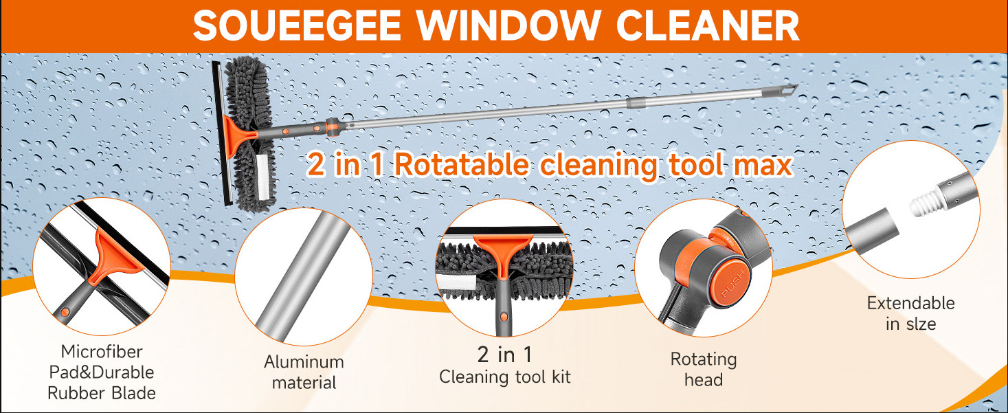 Window Squeegee 2-in-1 with Extendable Pole for High Indoor & Outdoor Glass