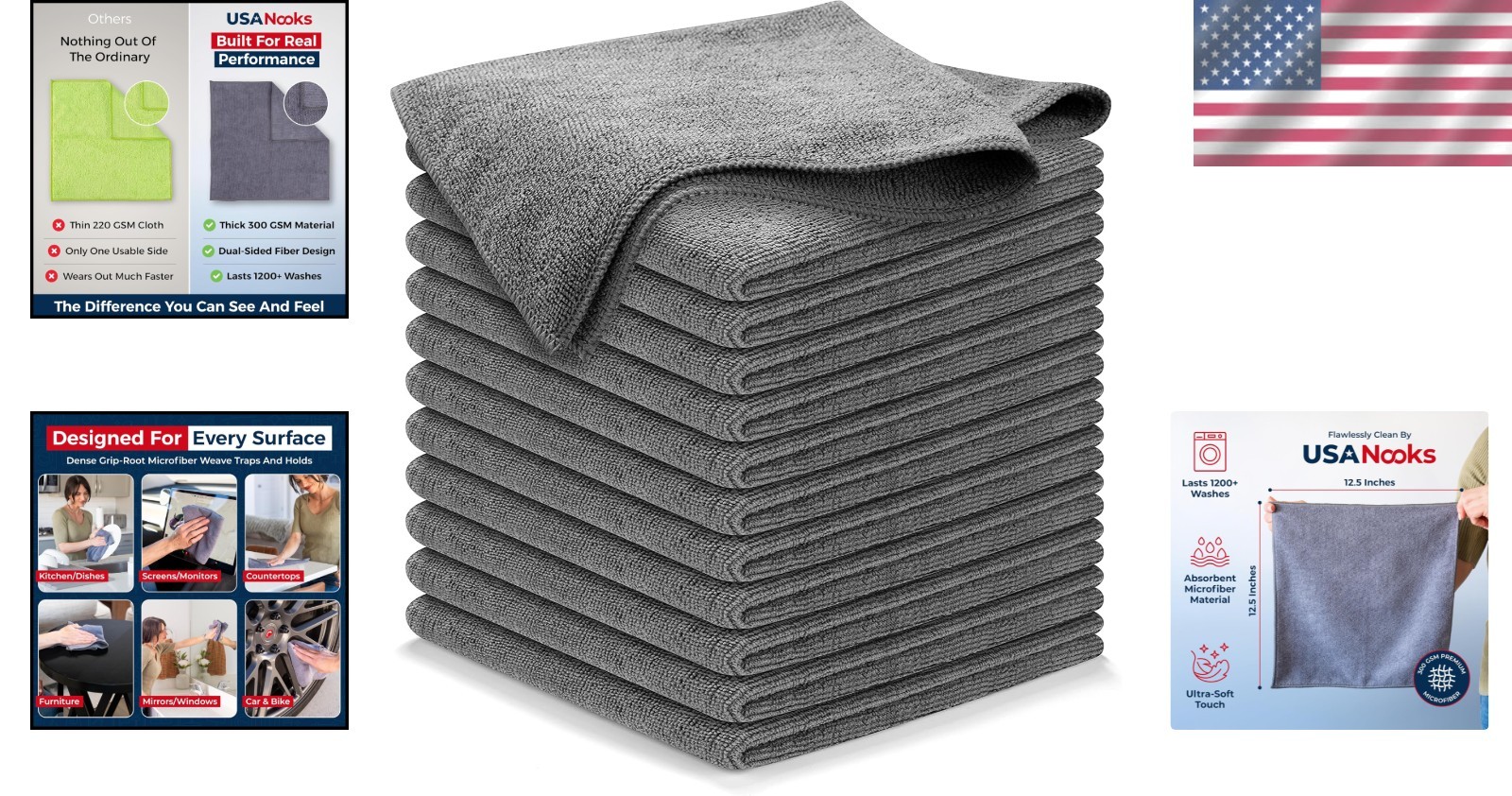 Ultra-Absorbent Grey Microfiber Towels – 12 Pcs, 1200 Washes for All Surfaces