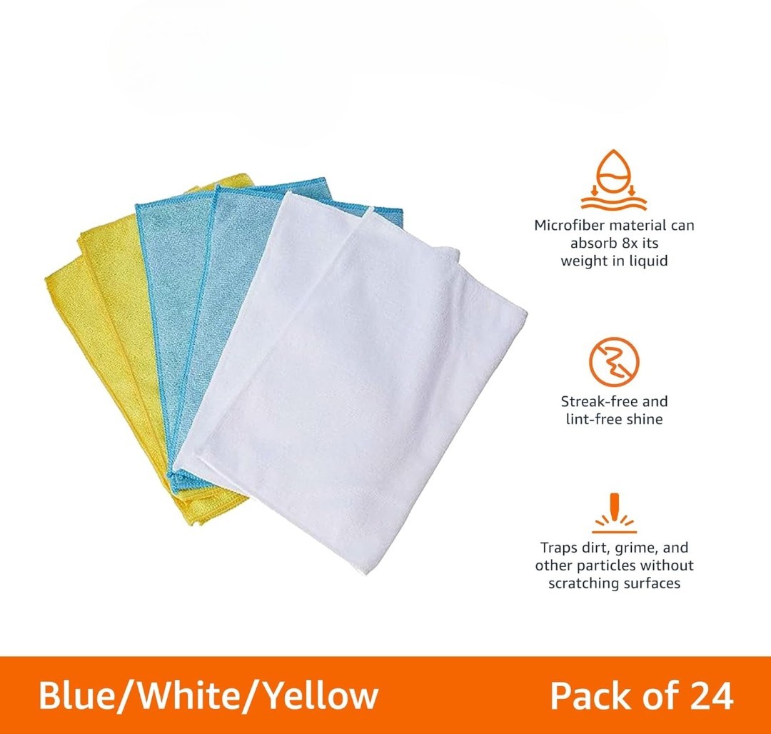 Microfiber Cleaning Cloths, Ultra Absorbent, Blue/White/Yellow, Pack of 24