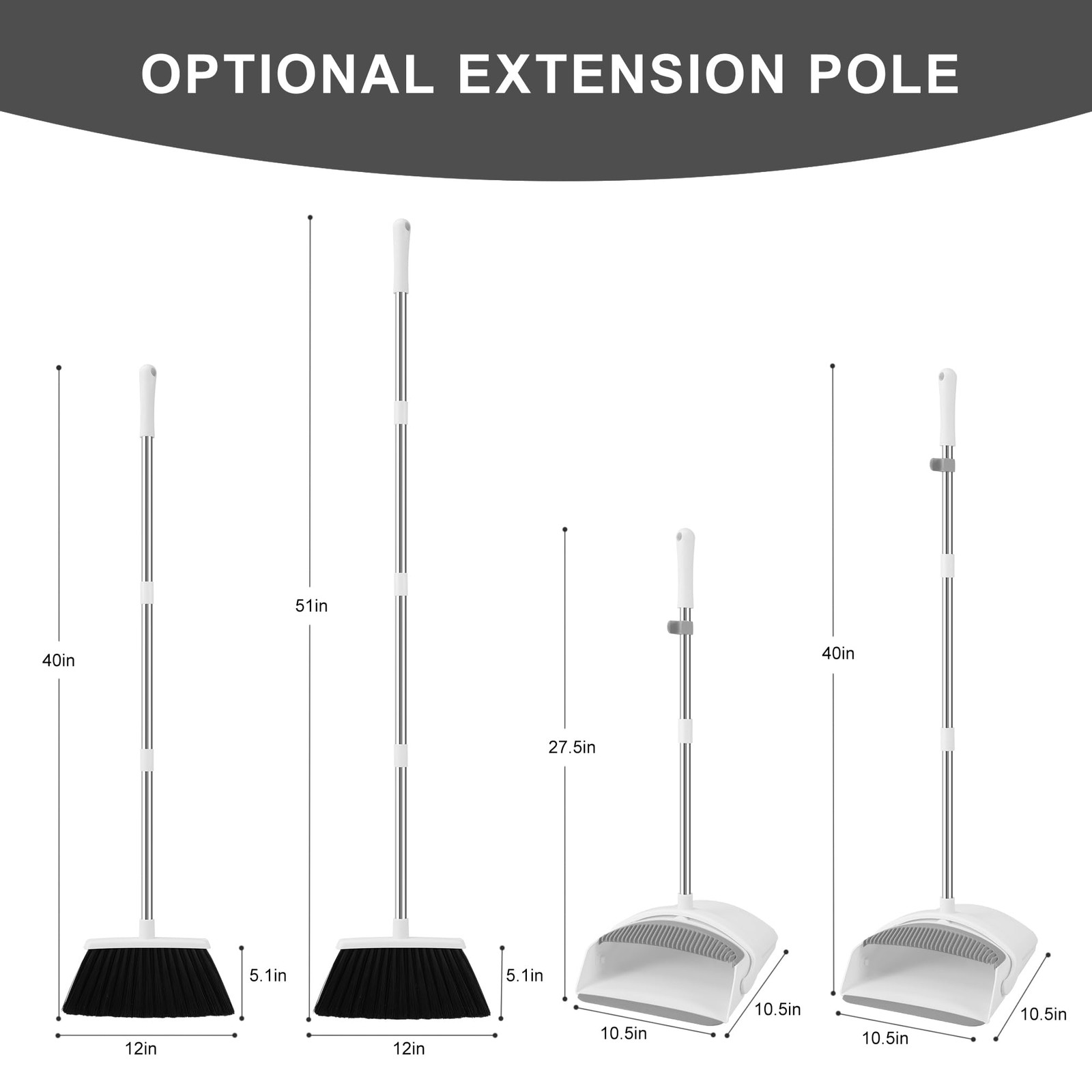 Broom and Dustpan Set with Long Adjustable Handle for Home Office White