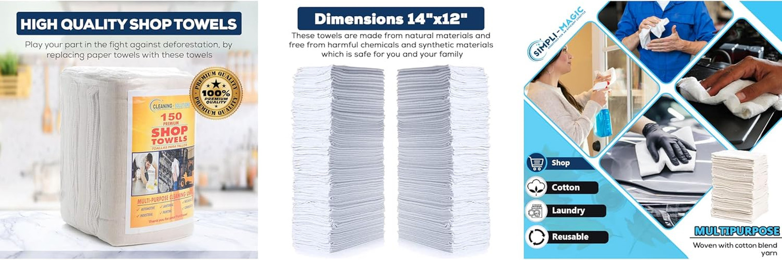 Simpli-Magic Cotton Shop Towels 14″X12″ (145 Pack) – Reusable Cleaning Shop Rags