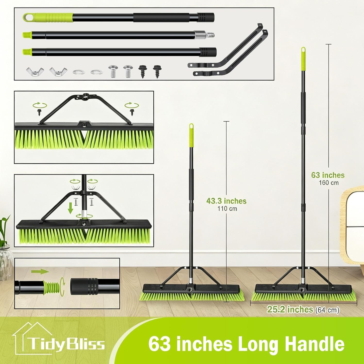 TidyBliss 24” Push Broom Outdoor Heavy Duty, Large Commercial Stiff Bristle Brus