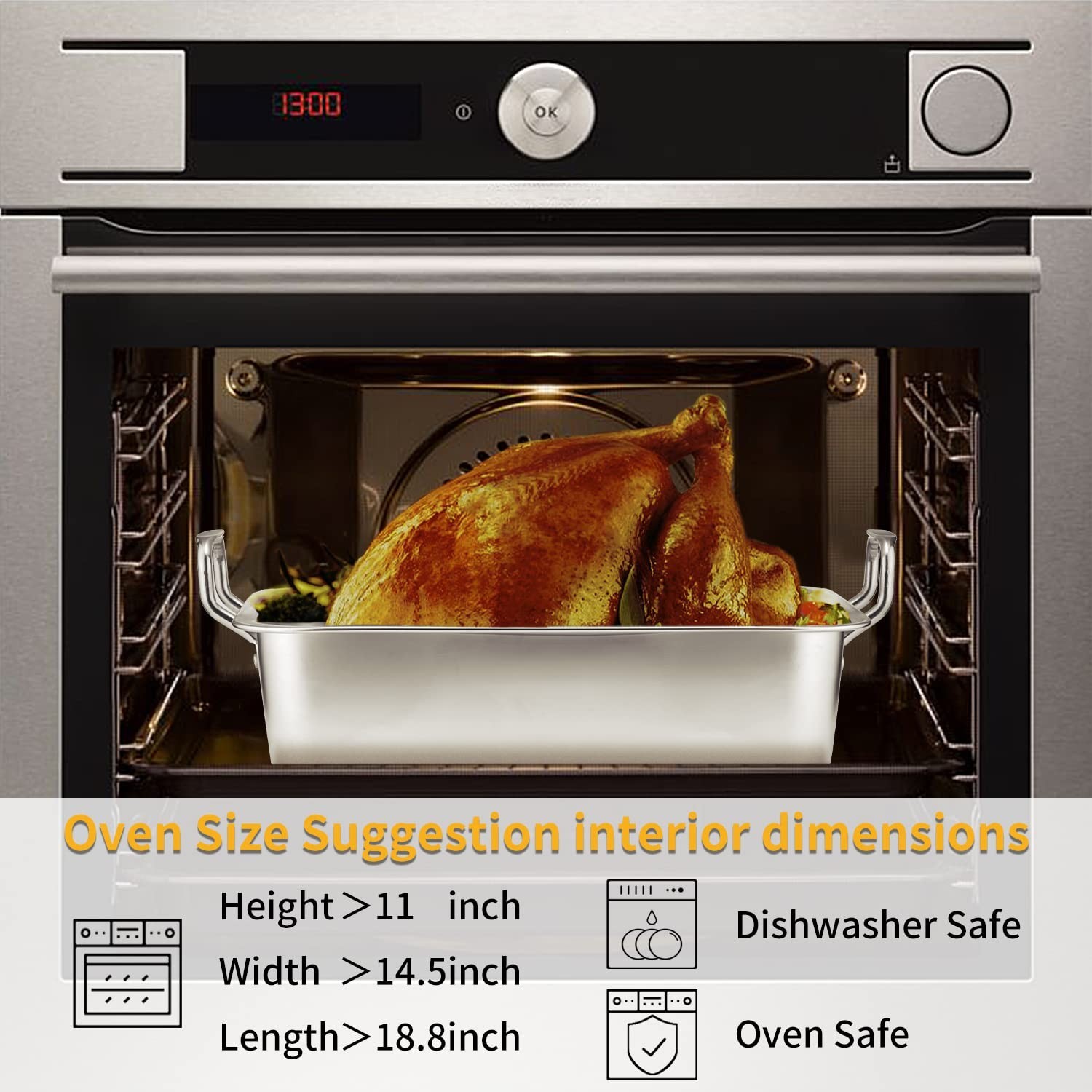 15 Inch Stainless Steel Roasting Pan with V-Shaped Rack and Turkey Baster – R…
