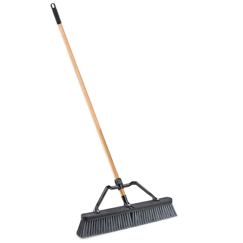 Libman Push Broom 24in Rough Surface Industrial Stiff Bristle Wood Handle 60in