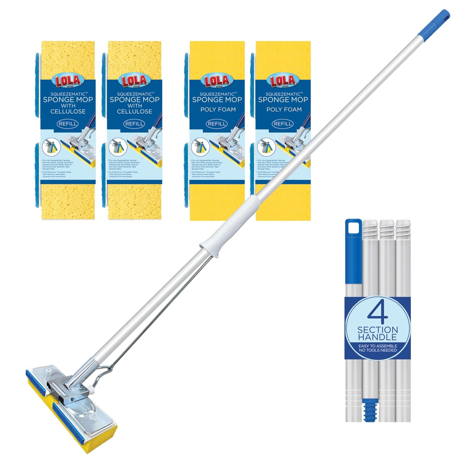 LOLA Squeezematic Butterfly Automatic Sponge Mop, 4 Mop Heads – 2 Foam w/ Cellul