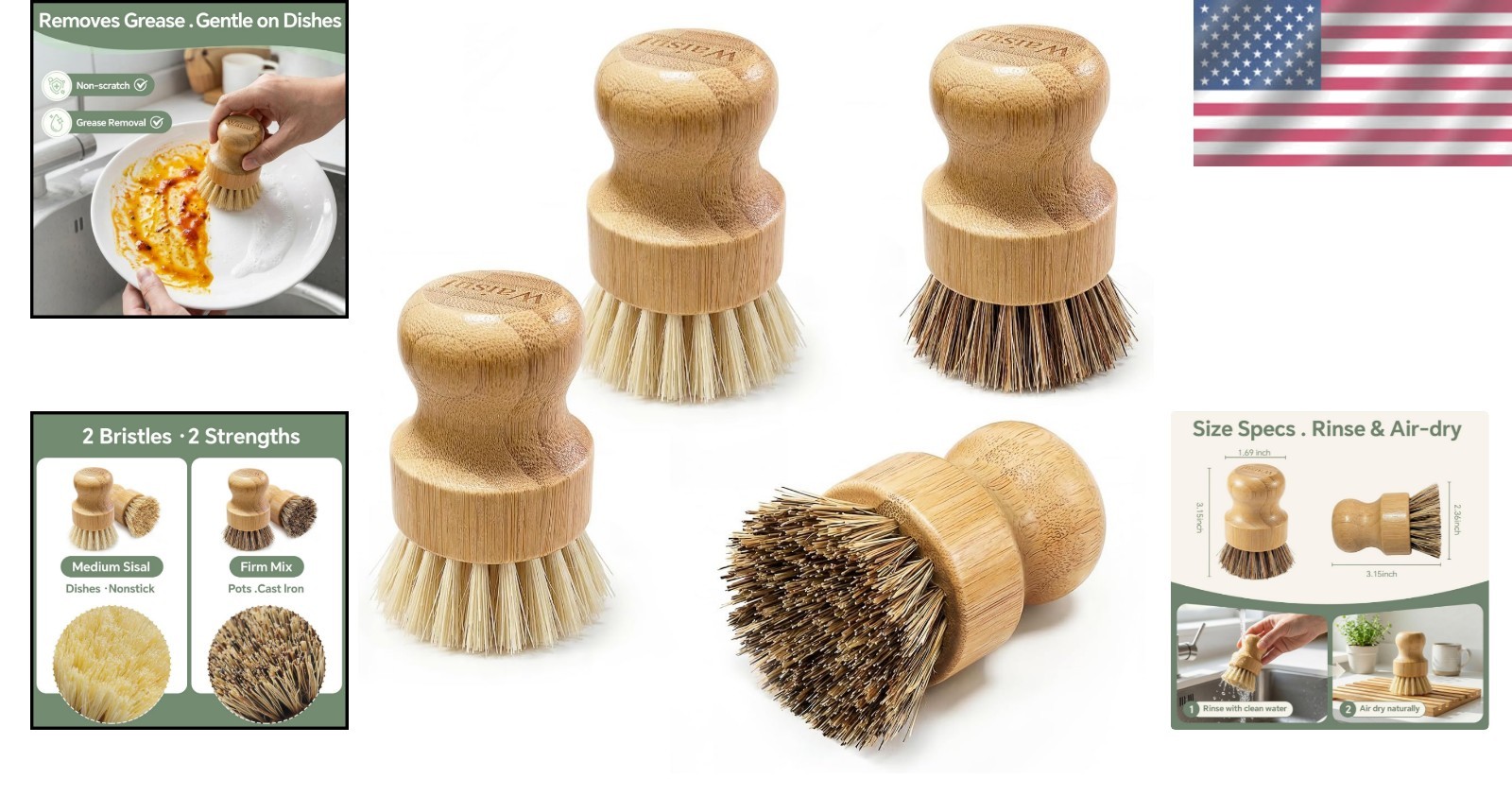 Dish Scrubber Brush Set Bamboo 4 Pack Eco Friendly Nonstick Friendly