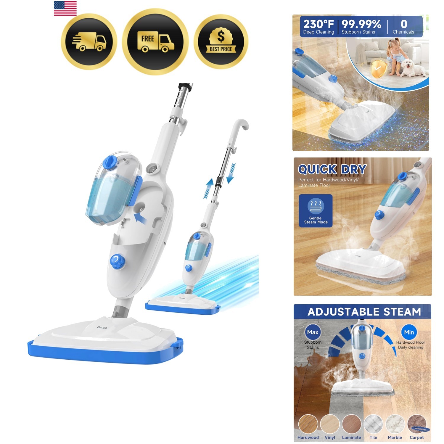Steam Mop for Hardwood Floors Vinyl Tile Laminate Carpet Deep Clean 2 Washabl…
