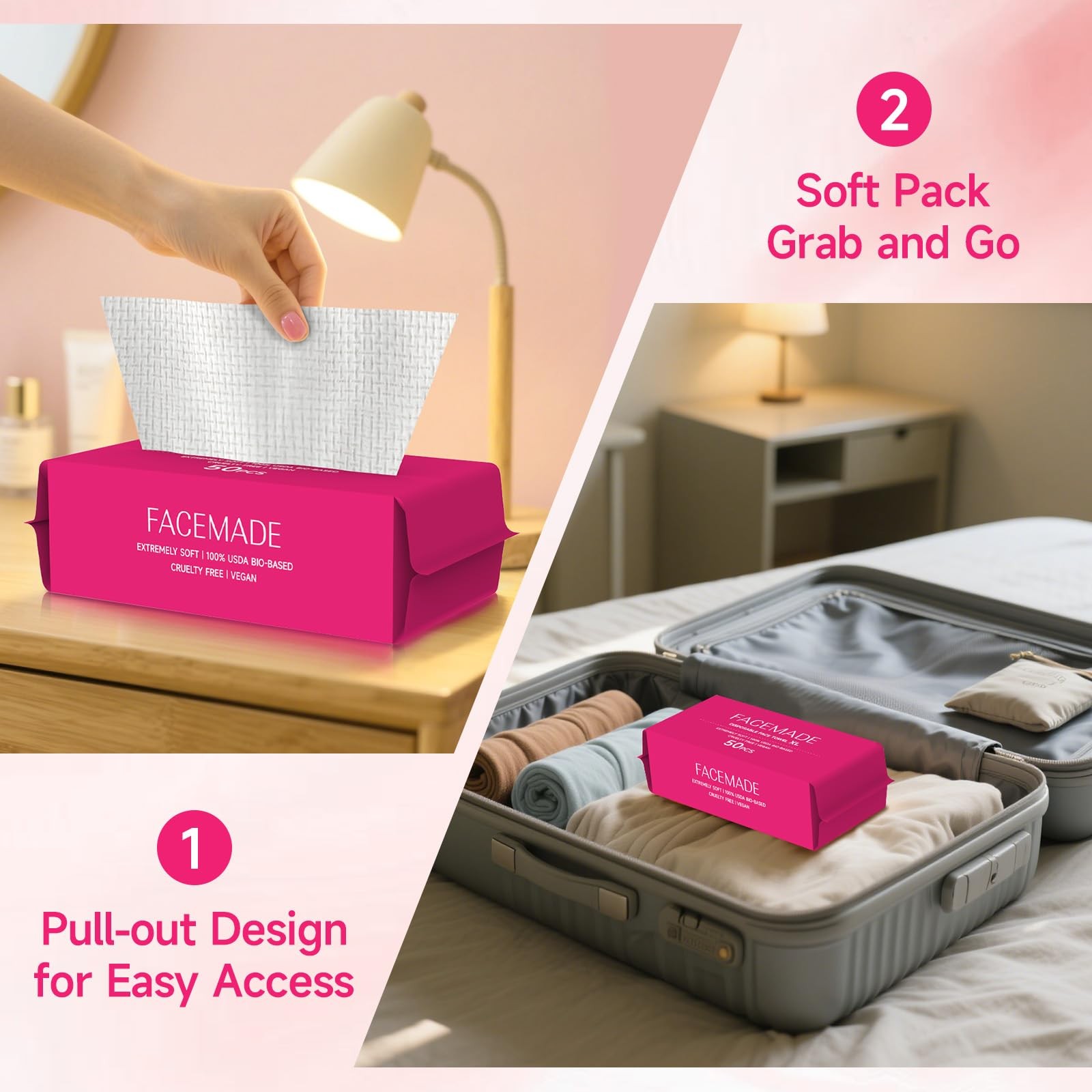 FACEMADE 50 Count (Soft Pack) Disposable Travel 50 (Pack of 1), Pink