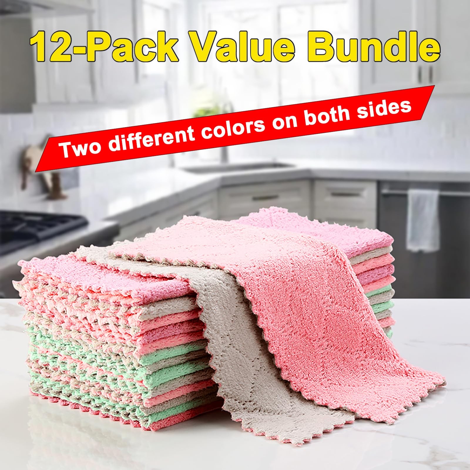 IZYUF 12 Pack Kitchen Cloth, 10 inches x 10 inches, Green，grey, Purple, Pink