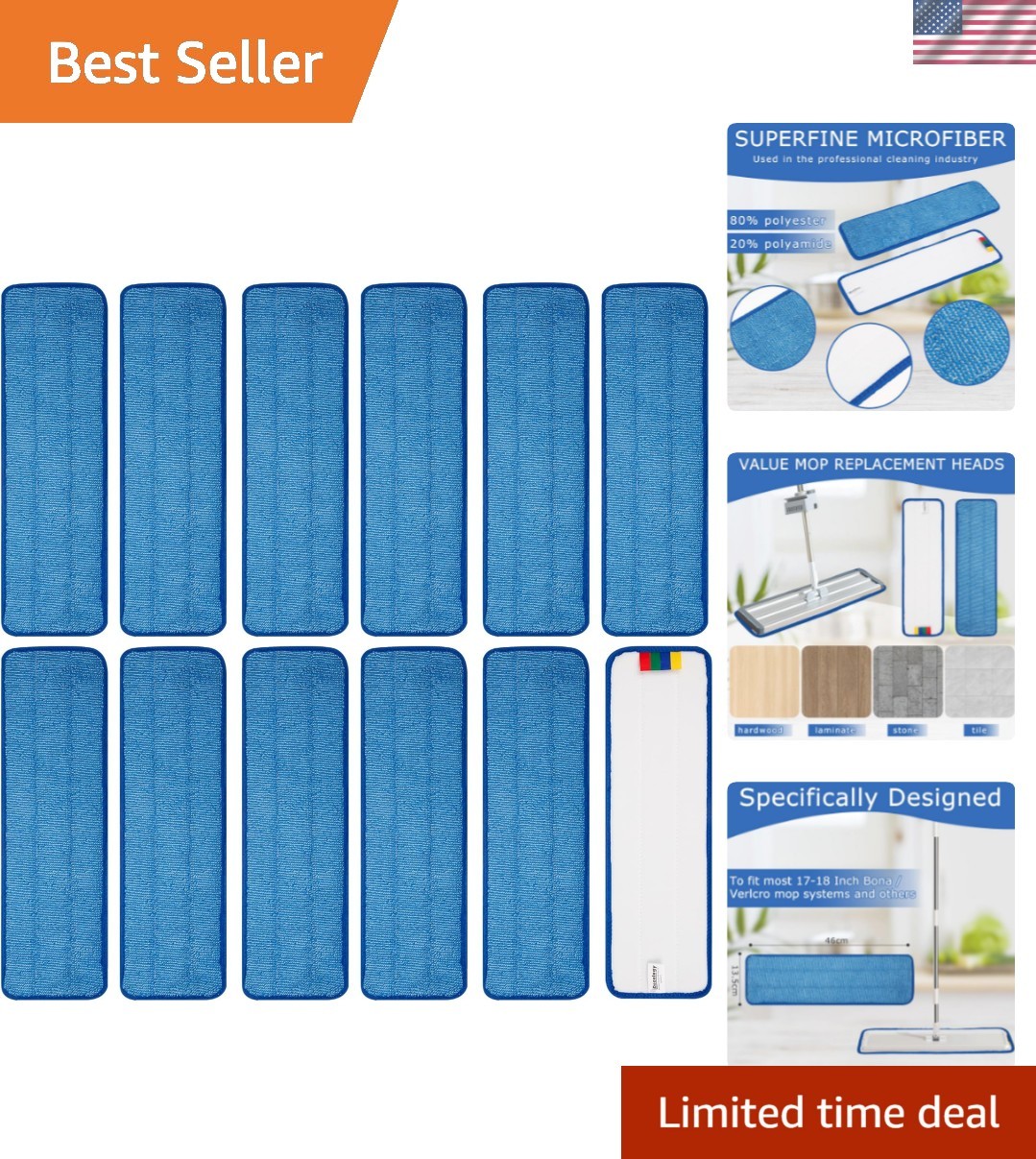 12 Pack Heavy Duty Microfiber Mop Pads for 17-18 Inch Mops – Reusable & Durable
