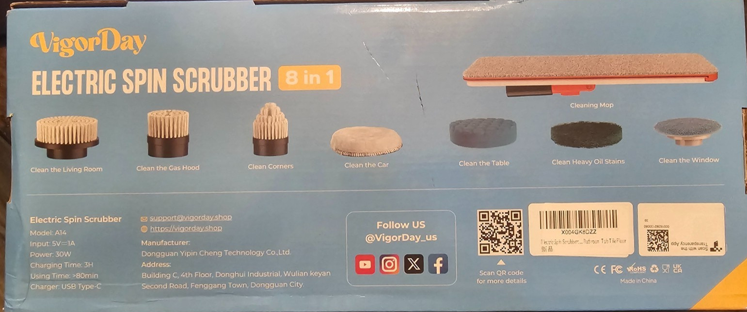 VigorDay Electric Spin Scrubber 8 In 1, 30W Rechargeable, 8 Heads,