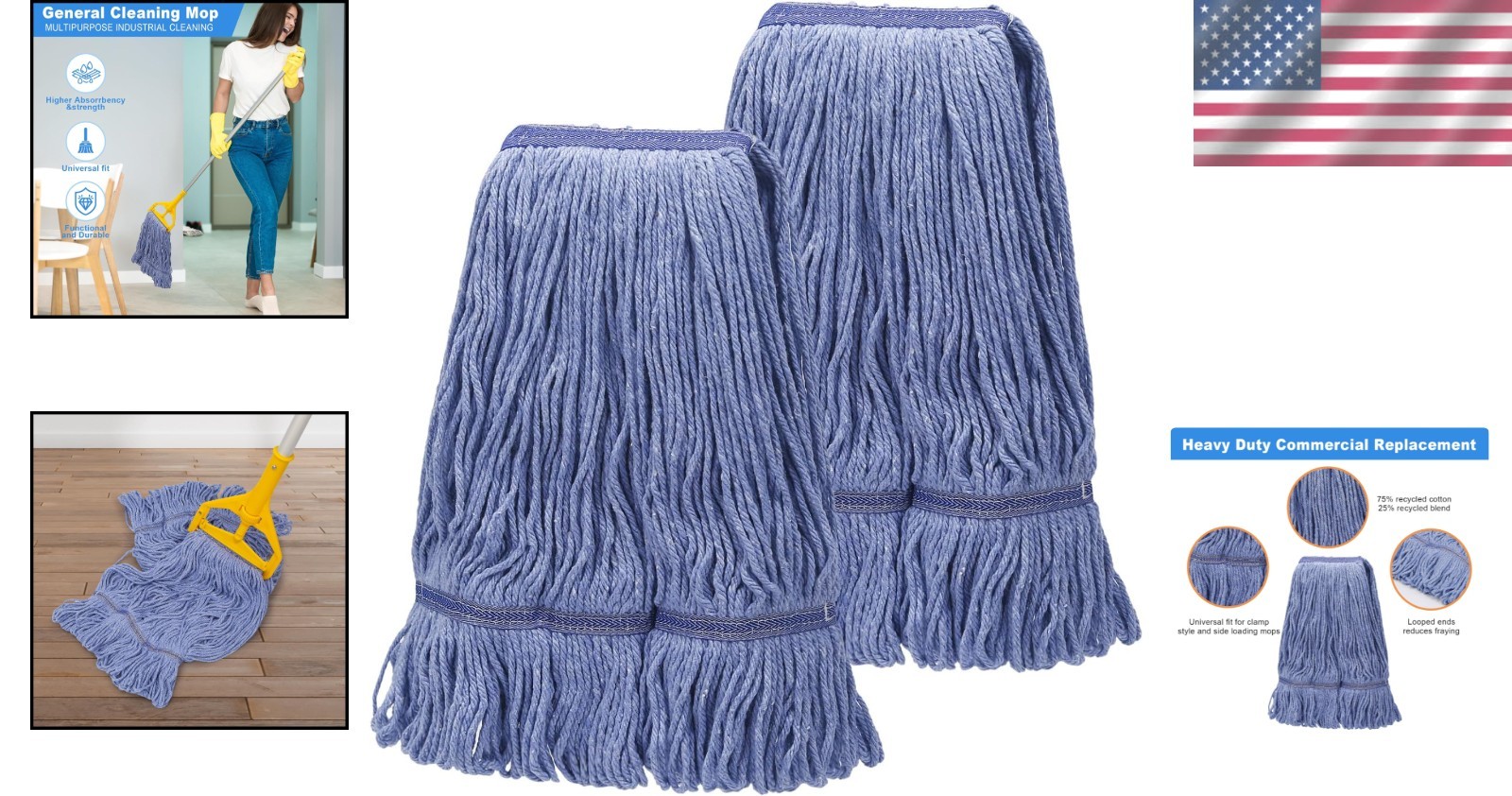 Commercial Mop Head Replacement Heavy Duty Cotton Looped End String Mop Blue …