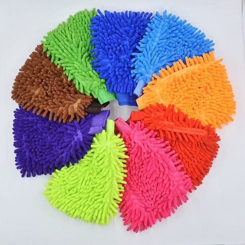 Green Car Washing Gloves Solid Color Microfiber Chenille Single Side Cleaning