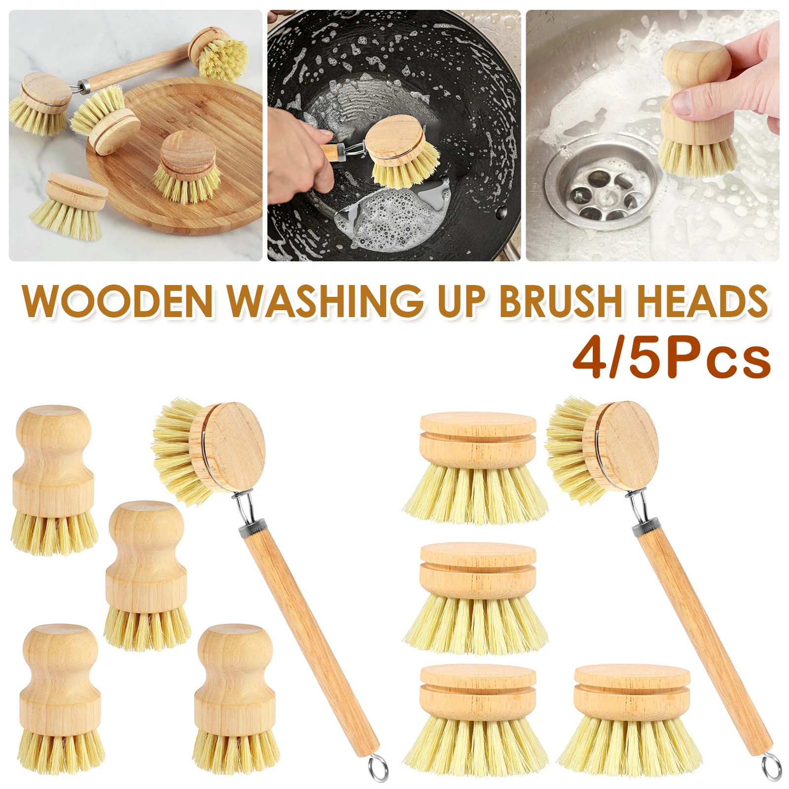 3/4/5/10Pcs Bamboo Dish Scrub Brushes Replaceable Dish Brush Kitchen Cleaning Sc