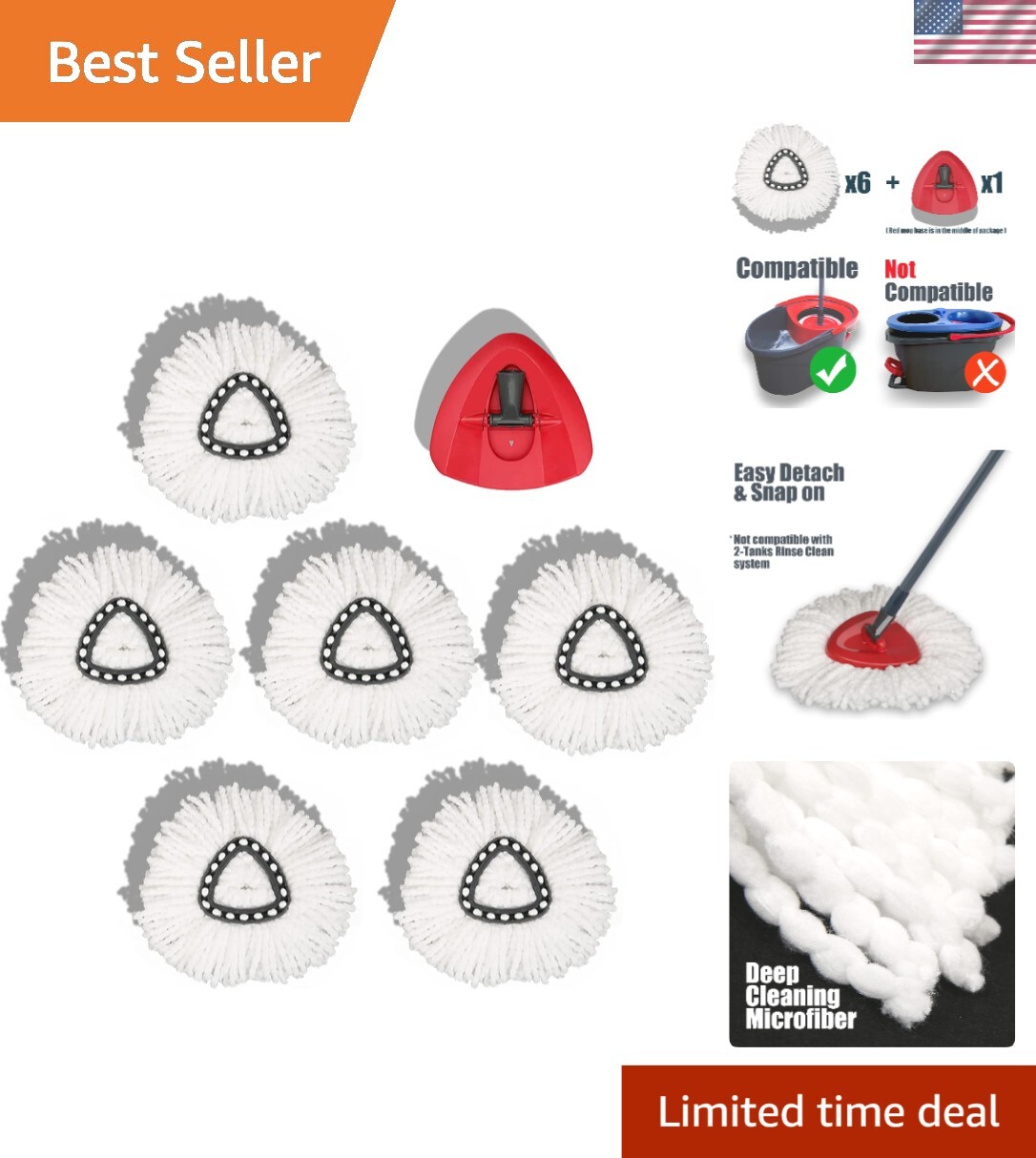 Versatile 6-Pack Mop Head Refills for O-Cedar EasyWring – Lightweight & Reusable
