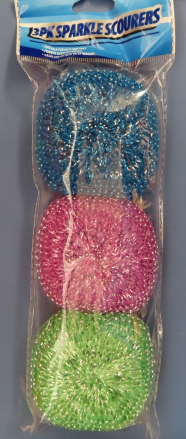 3 Pack of Sparkle Scourers Assorted Colors. Pots Pans Srcubbing #G11409