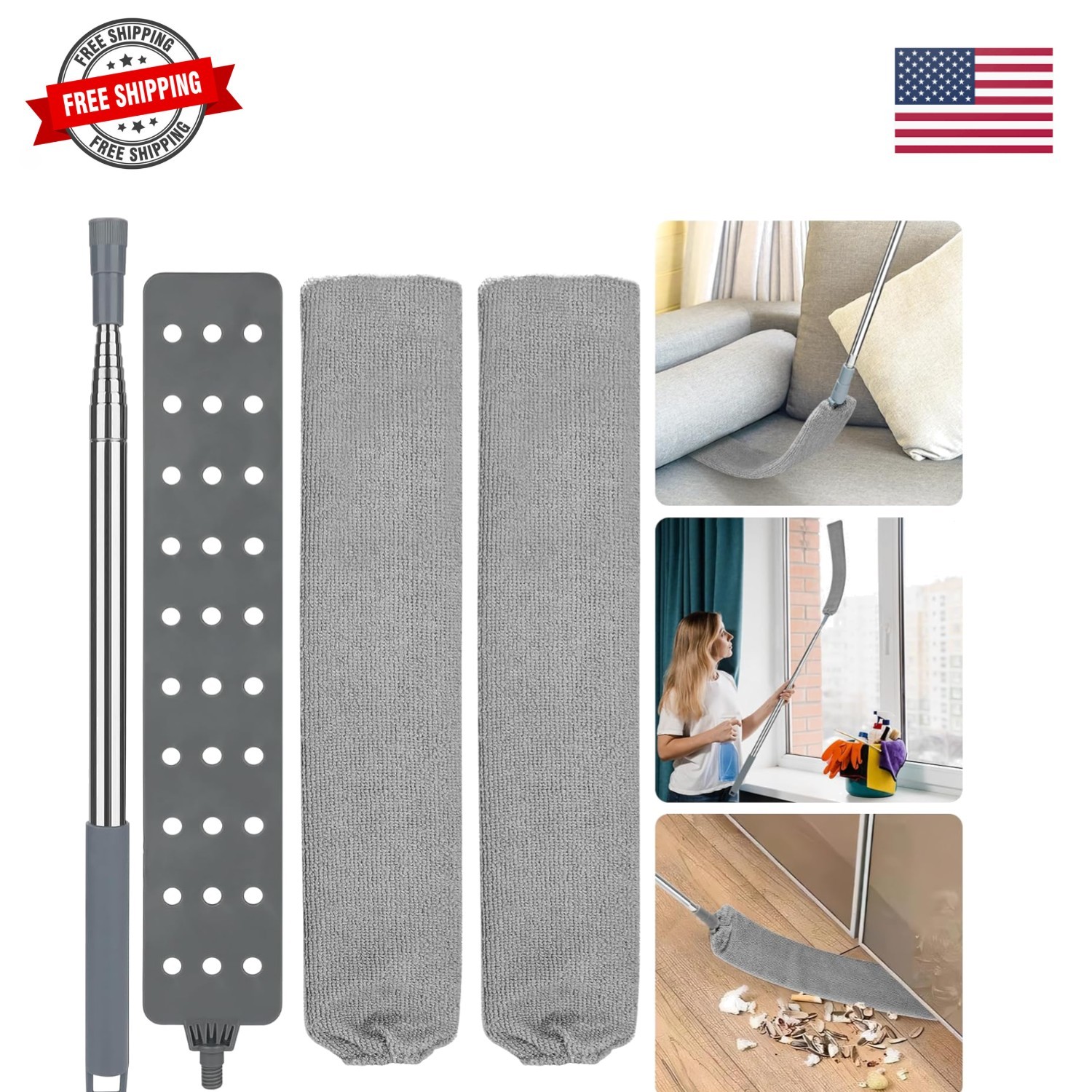 Retractable Gap Dust Cleaner with 15-98 Inch Extension Pole, Flat Duster for …