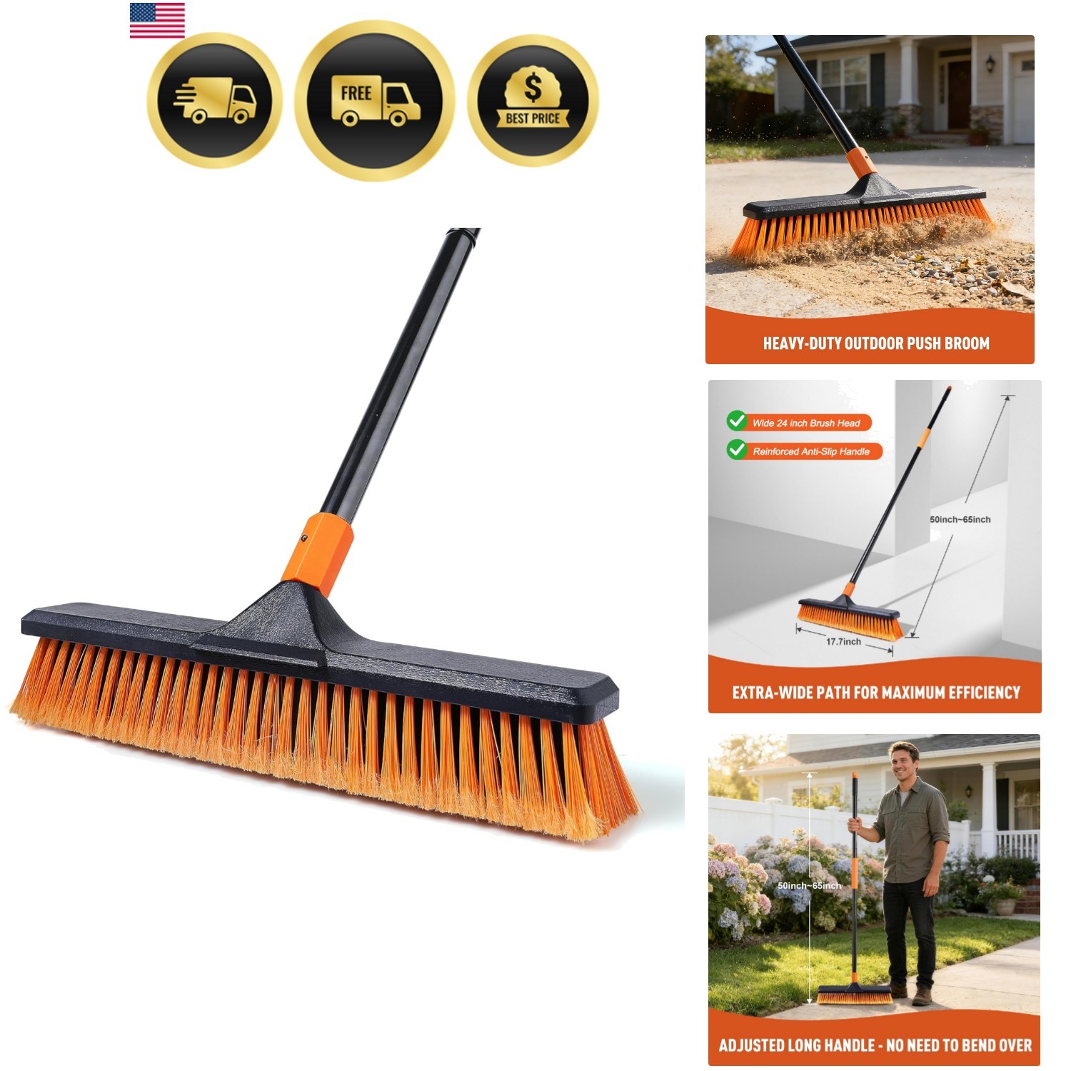 18″ Push Broom Outdoor for Floor Cleaning with Extendable Long Handle, Stiff …