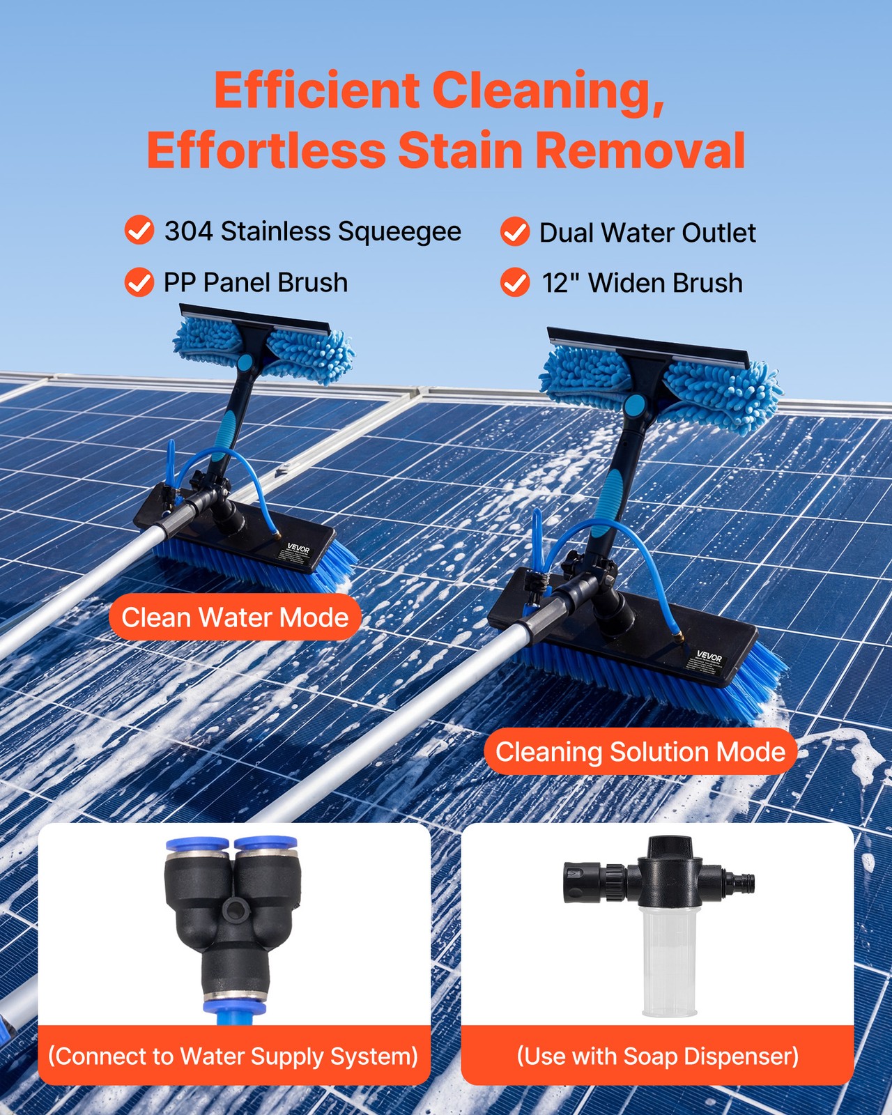 VEVOR Solar Panel Cleaning Kit Water Fed Pole Kit 24 ft Brush Soap Dispenser