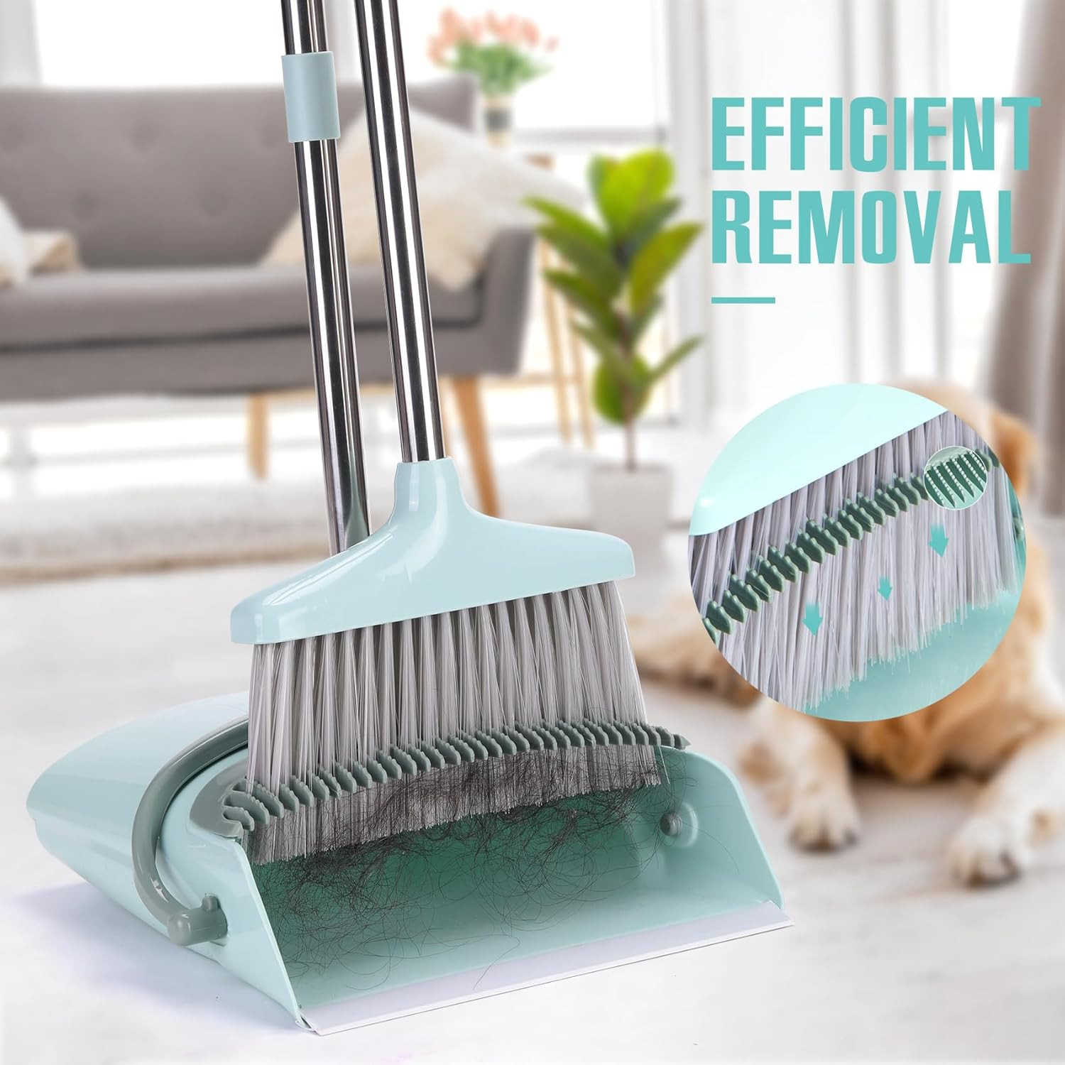 Broom and Dustpan Set for Home, Cleaning Teeth Combo Set with 55″ Long Handle, I