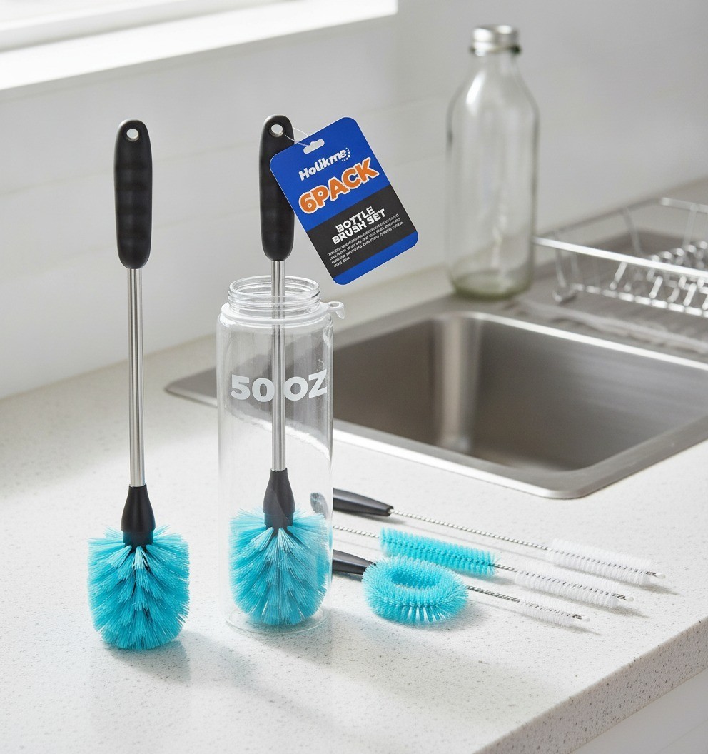 Bottle Brush Set, 6 Pack, 14.5″ Long Handle, Blue, Straw Brushes, Spout Brush