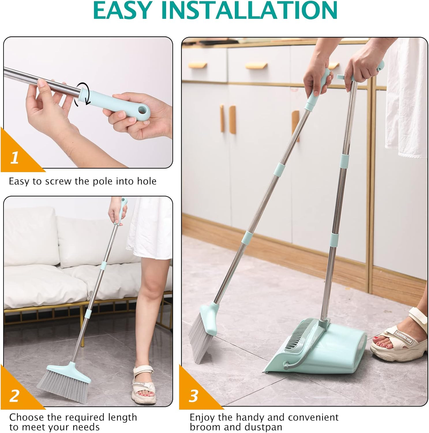 Broom and Dustpan Set for Home, Cleaning Teeth Combo Set with 55″ Long Handle, I