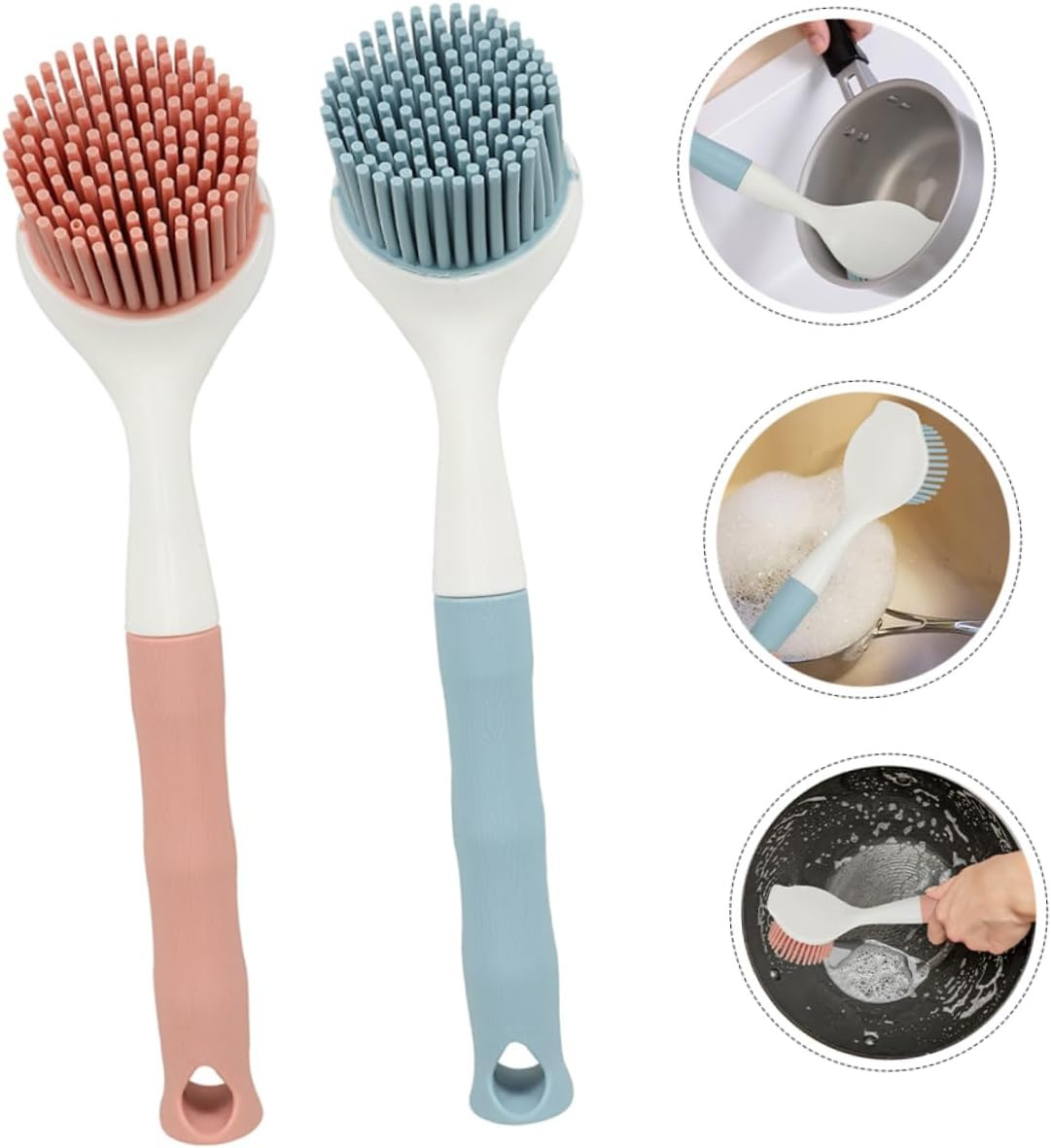 2Pcs Kitchen Brush Non-Stick Silicone Dish Scrubber with Long Handle Durable Pot