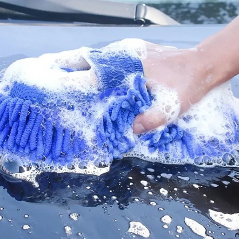 2Pcs Microfiber Car Wash Sponge Gloves Cleaning Brush Auto Washing Towel Set