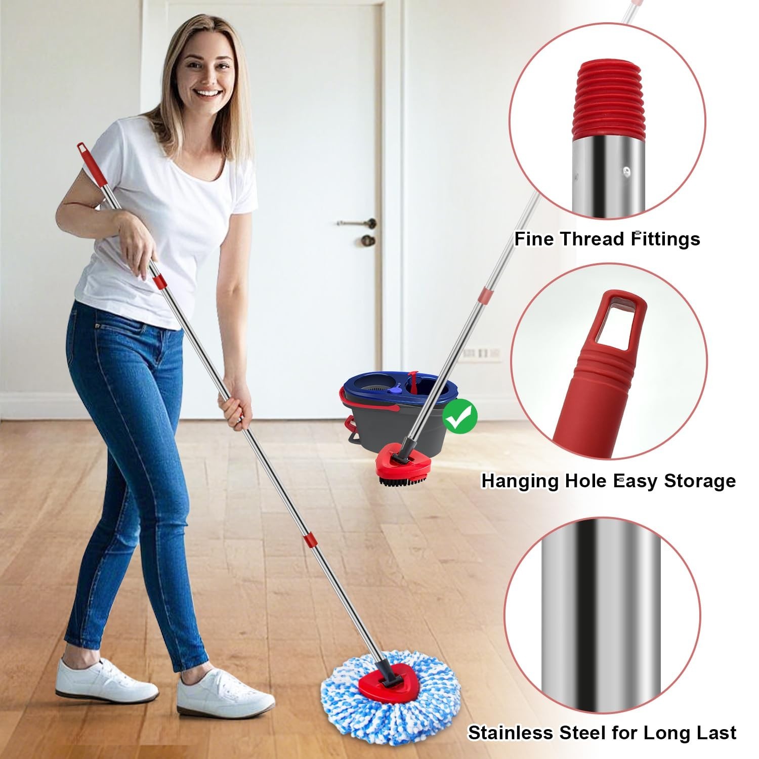 Spin Mop Replacement Set – Stainless Steel Handle, 2 Reusable Mop Heads & Base,