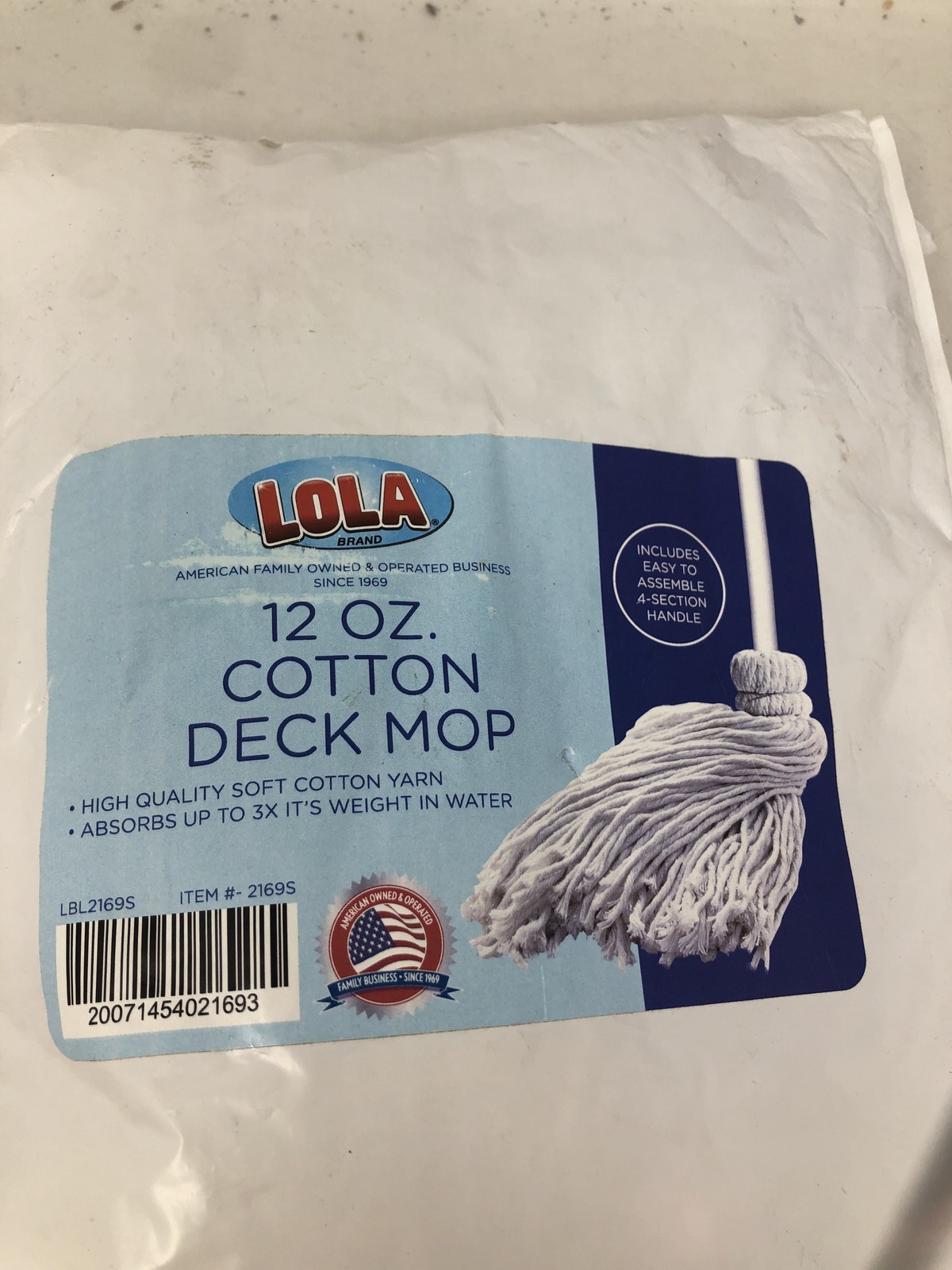 LOLA Products 12 Oz Cotton Deck Mop 4 Section Handle Qty1