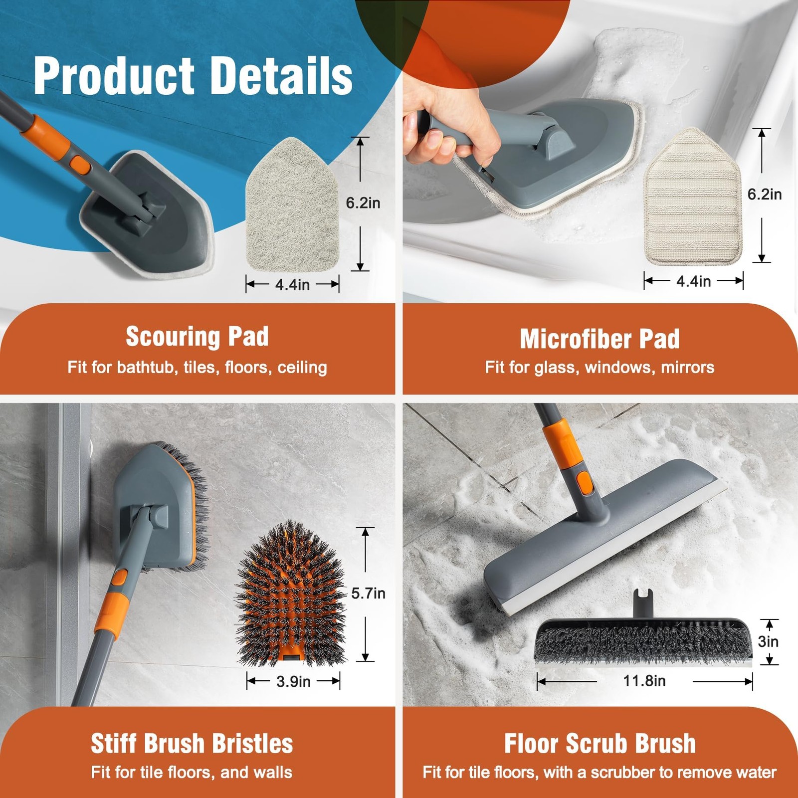 4in1 Extendable Floor Scrub Brush 180 Rotate Tub Tile Squeegee