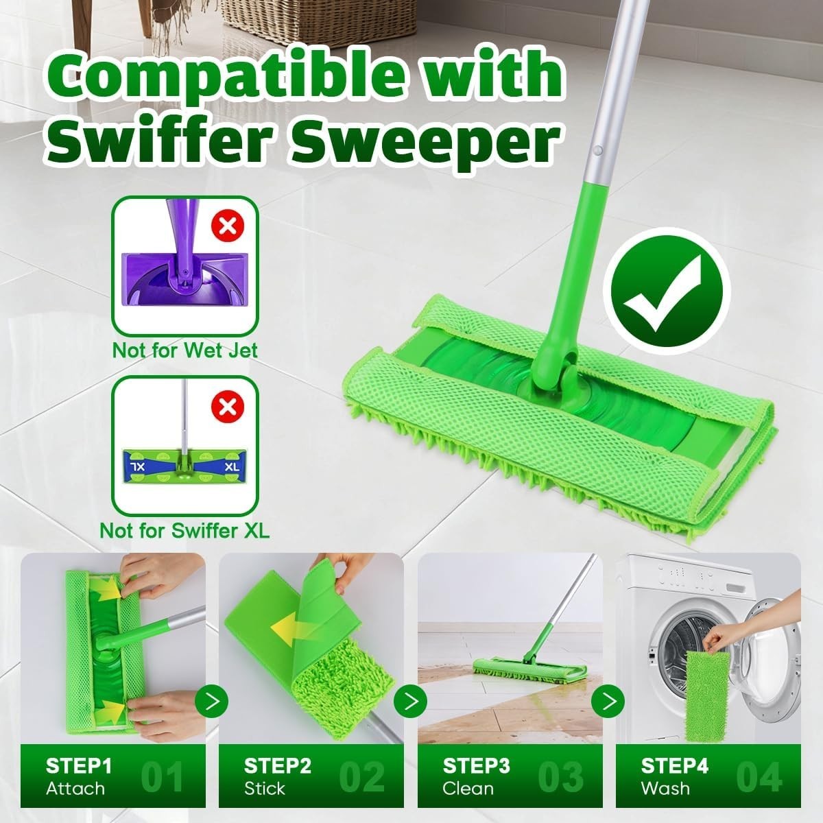 6 Pack Reusable Washable Microfiber Mop Pads for Swiffer Sweeper Floor Cleaner