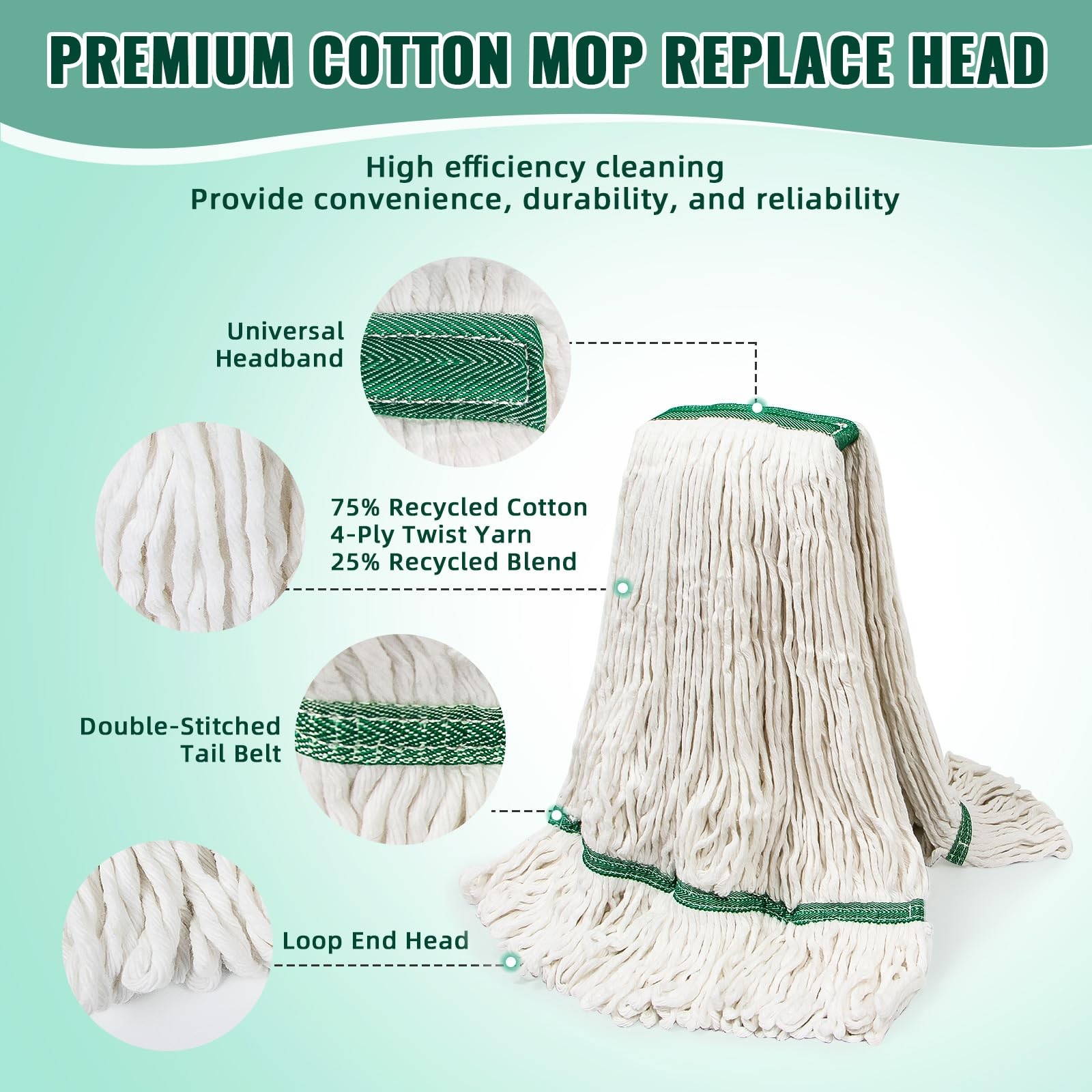6Pack Mop Head Replacement Lightweight 20oz Heavy Duty Commercial Reusable White