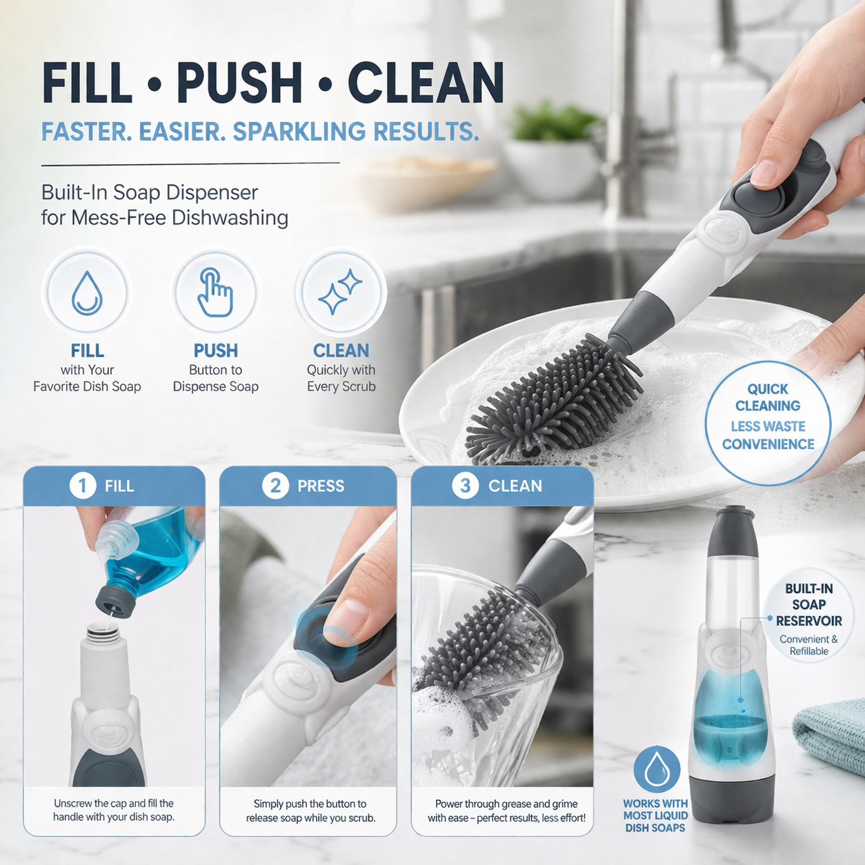 Soap Dispensing Silicone Brush for Kitchenware Bottles Plates BPA Free Cleaning
