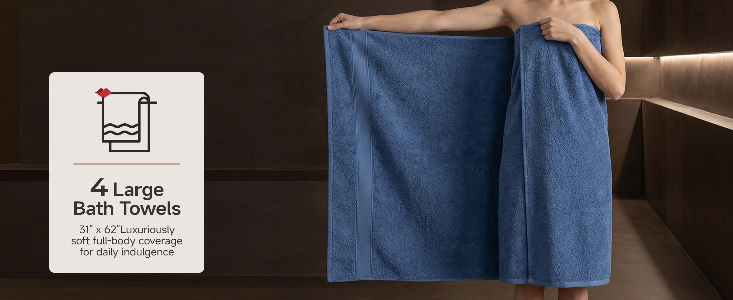 4 Pack Bath Towels – 27×55 Inch, 100% Cotton, Extra Large,Super Absorbent, Quick