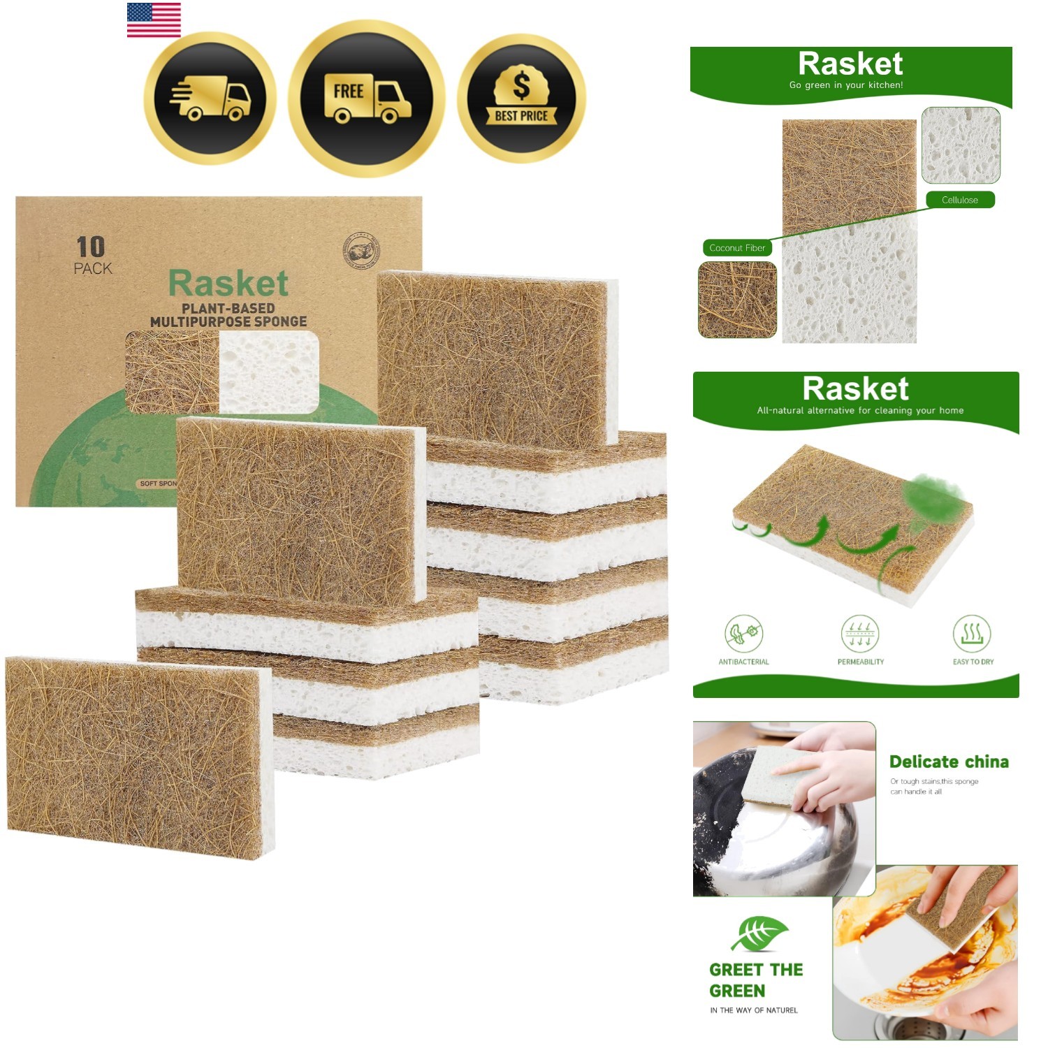 10 Pack Biodegradable Natural Sponges Kitchen – Compostable Cellulose and Coc…