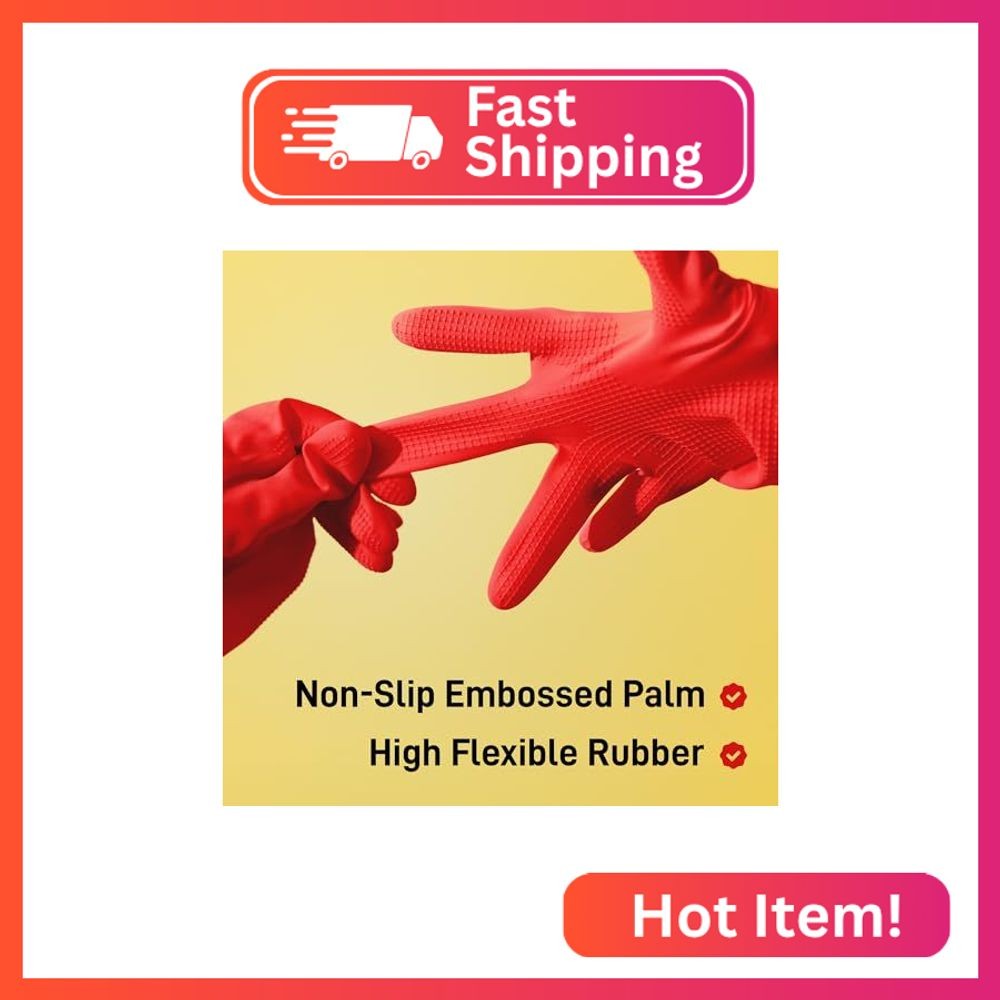 SteadMax 3 Pairs Red Cleaning Gloves, Reusable, Natural Rubber, Ultra Durable, W