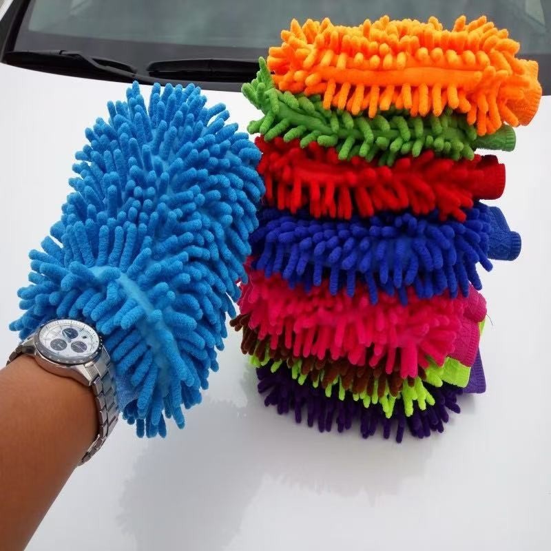 Green Car Washing Gloves Solid Color Microfiber Chenille Single Side Cleaning