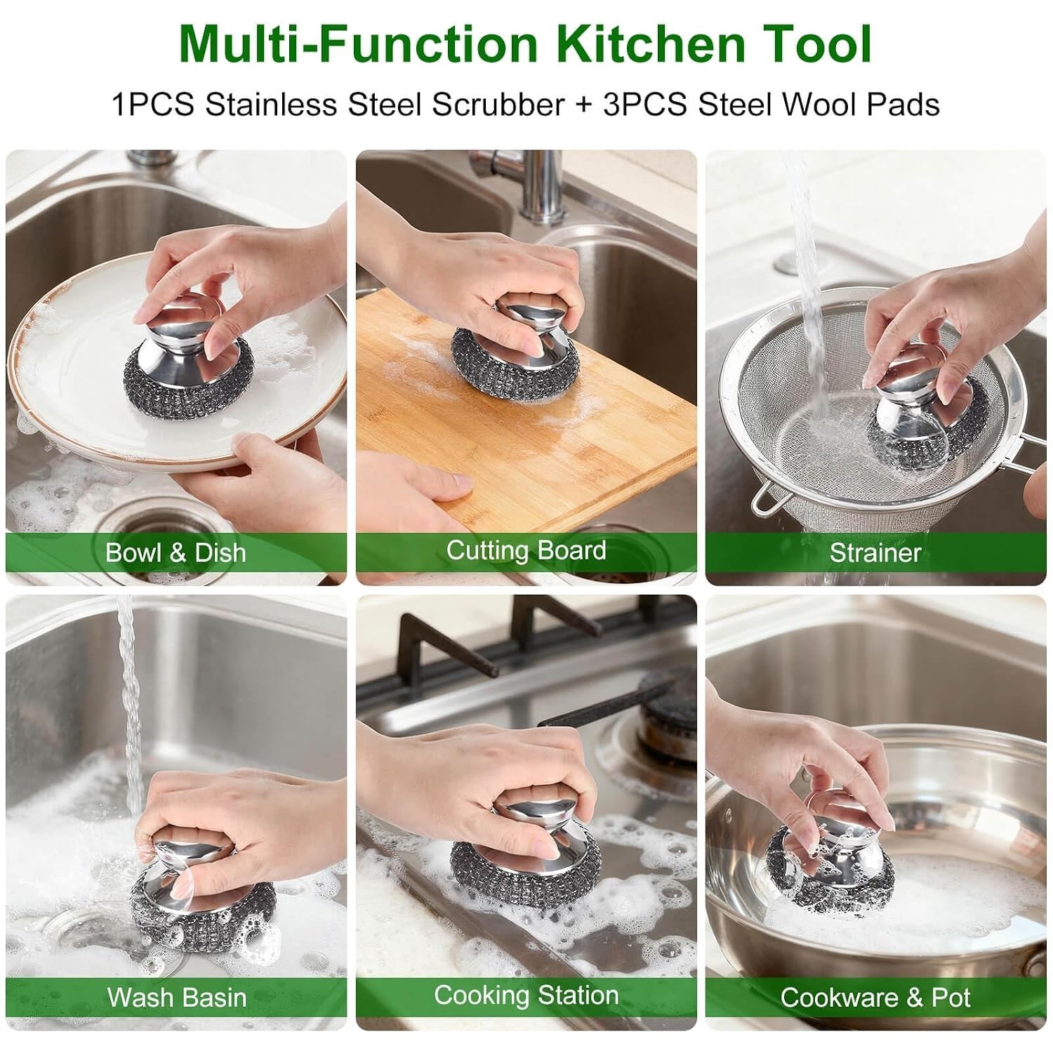 4PCS Steel Wool Scrubber Pads, Stainless Steel Scrubber Set with 3Pcs Steel W…