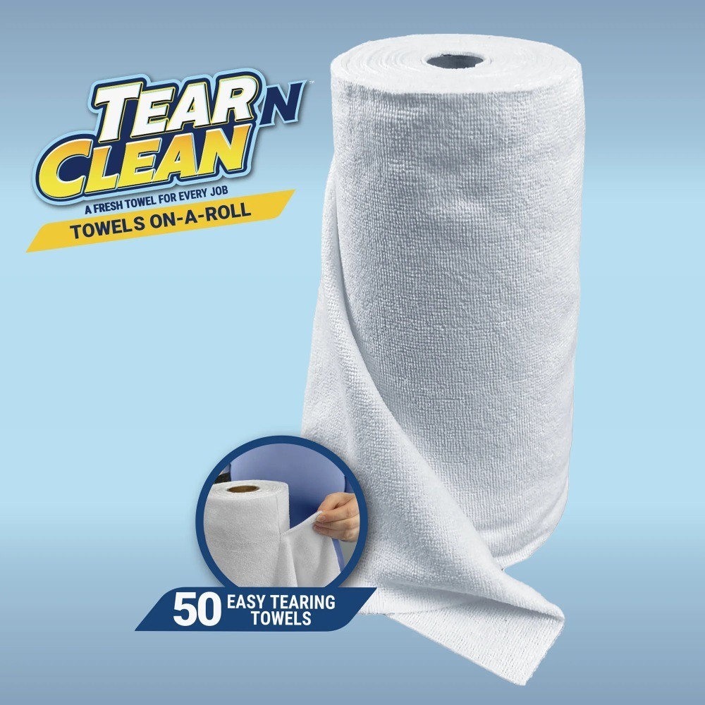 Reusable Multi-Purpose Microfiber Cleaning Towels on a Roll, 50 Count, White