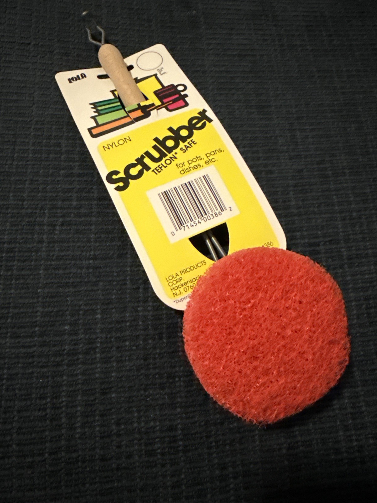 Lola Products New Vintage Nylon Dish Scrubber Red Pad With Wooden Handle 386